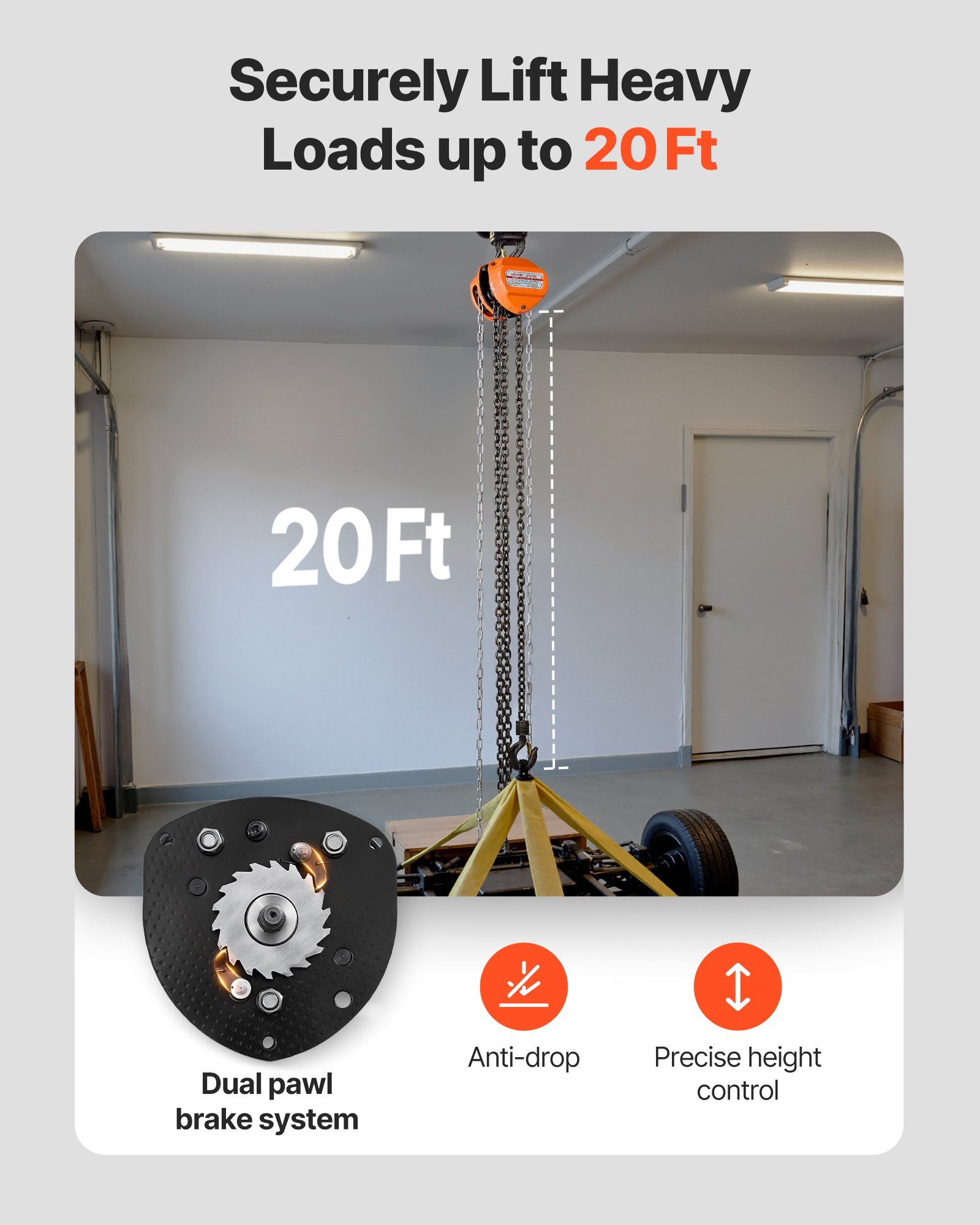 Hand Chain Hoist, 1 Ton 2200 Lbs Capacity, Manual Chain Block With Upgrade G80 Galvanized Chain, 20 Ft Lifting Height, Heavy Duty Pulley Hoist For Garage Warehouse Automotive Machinery, Orange - Image 5