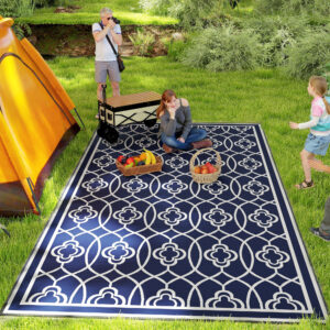Reversible Outdoor Rug, Waterproof Plastic Straw With Carry Bag, 9 X 18, Blue & White Lantern