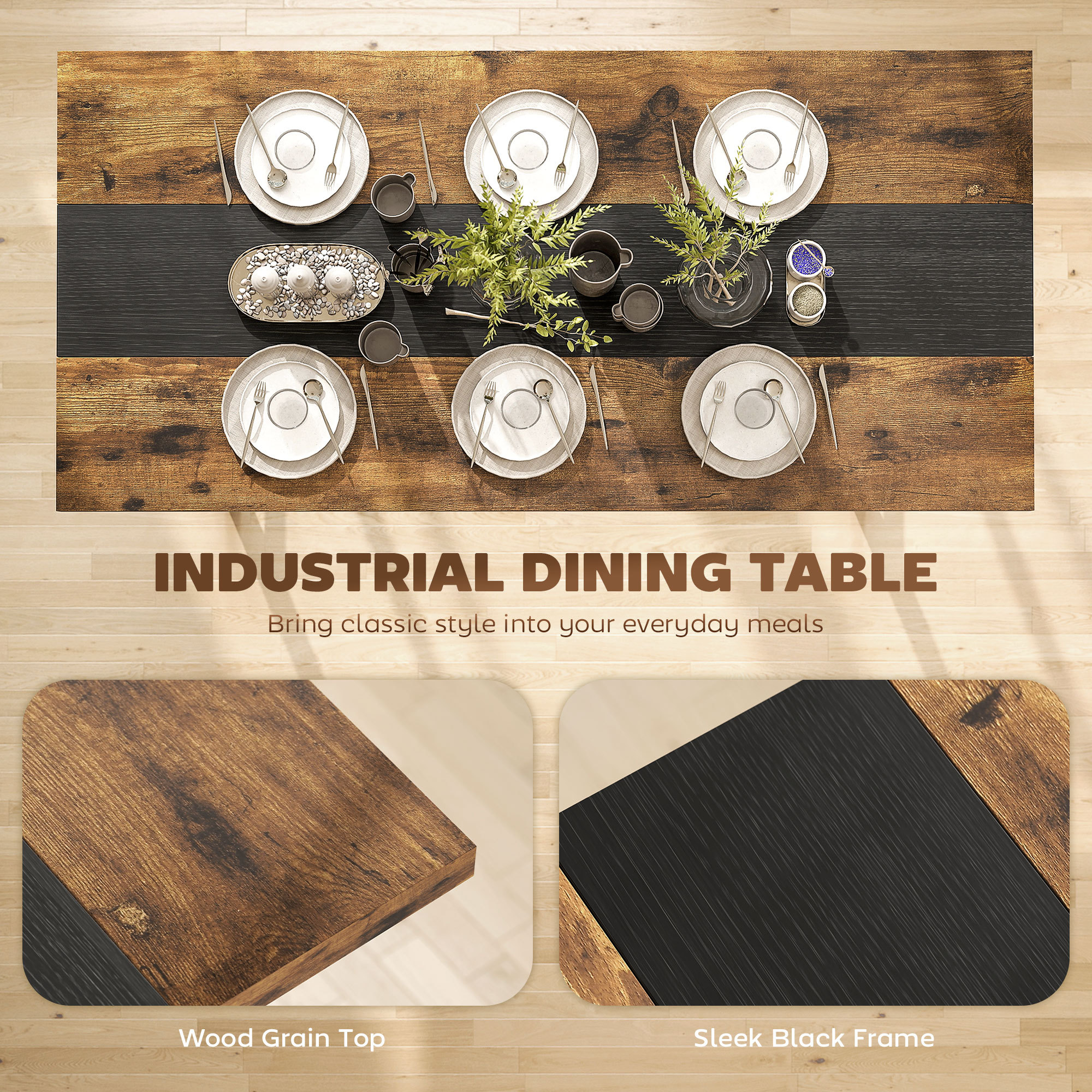 Industrial Kitchen Table For 8 People, 70.9 Long Dining Table With Large Tabletop And Steel Legs For Dining Room, Brown - Image 2