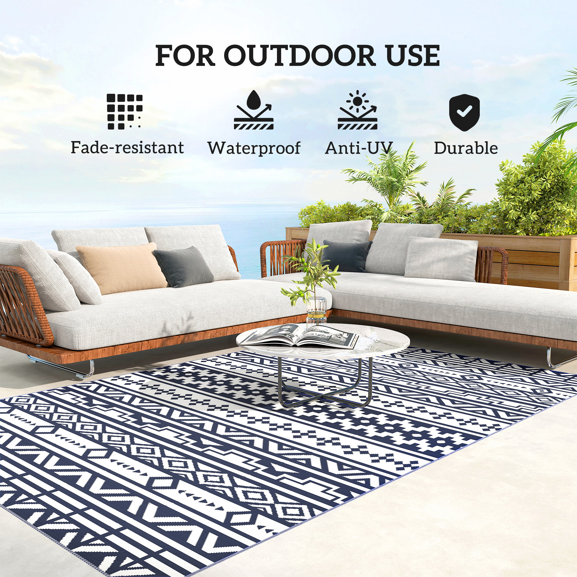Reversible Outdoor Rug, Waterproof Plastic Straw With Carry Bag, 6 X 9, Blue White Geometric - Image 5