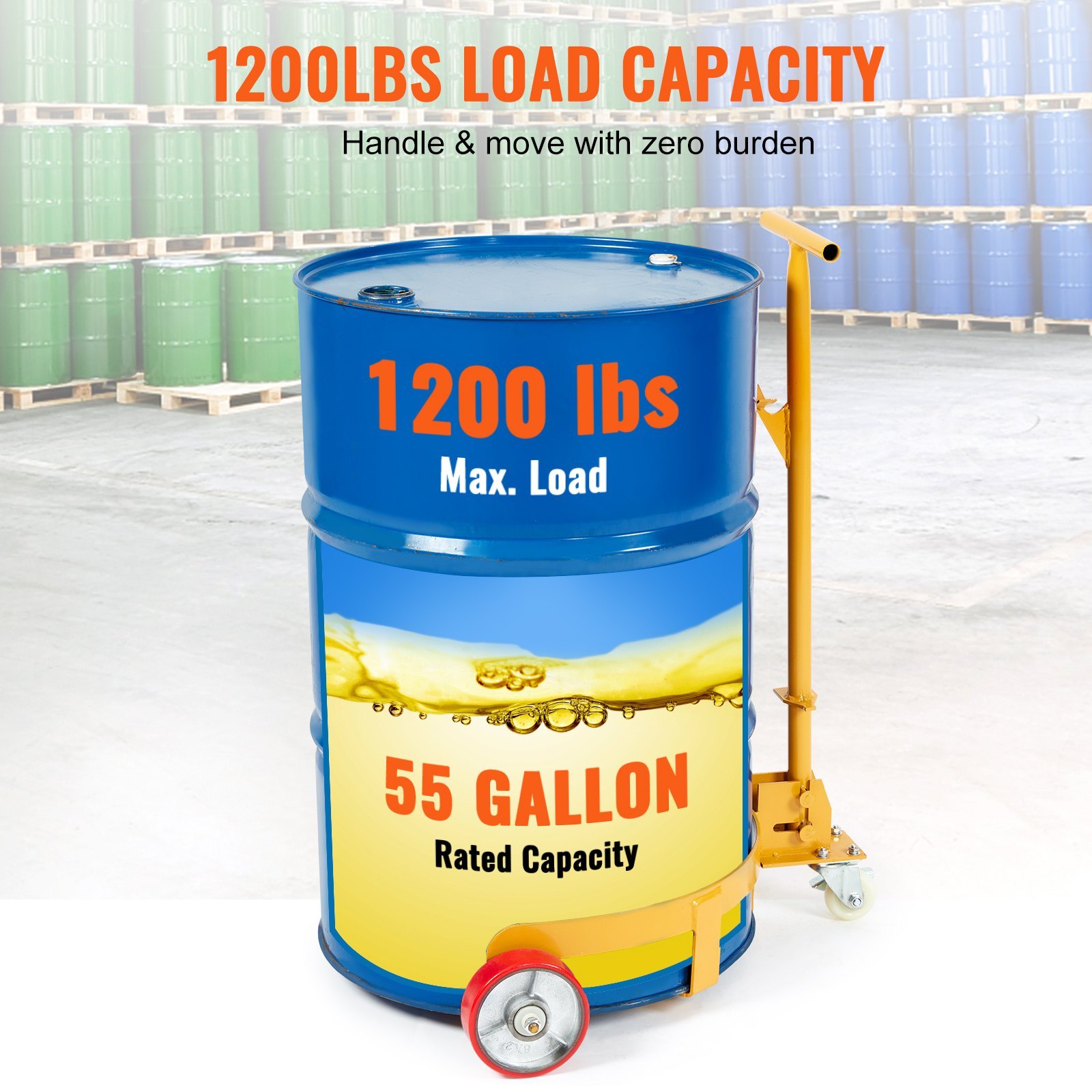 55 Gallon Drum Dolly, 1200 Lbs Load Capacity, Barrel Dolly Cart Drum Caddy Round Dolly Steel Low Profile, Heavy Duty Steel Frame With Adjustable Handle 3 Wheels, For Workshop Factory Warehouse - Image 4