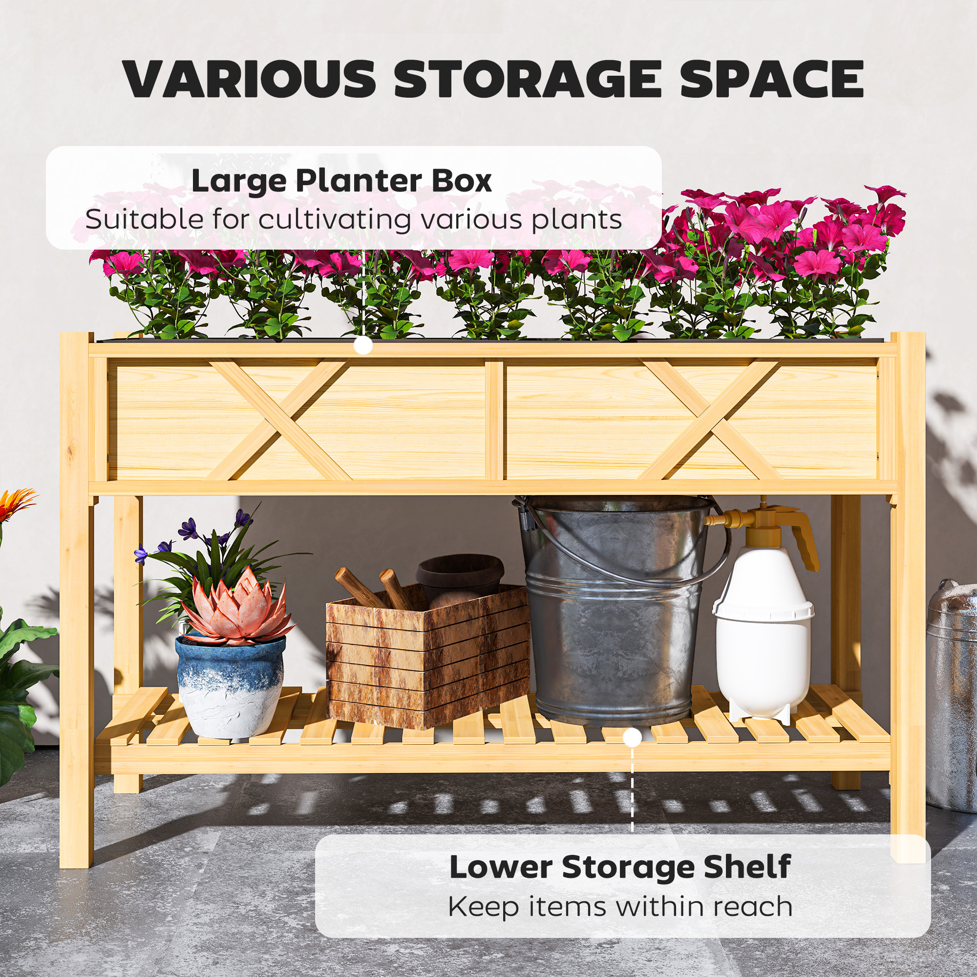 Raised Garden Bed, 47 X 22 X 31.5 In. Elevated Wood Planter Box With Storage Shelf, Drainage Holes, And Liner, Natural - Image 3