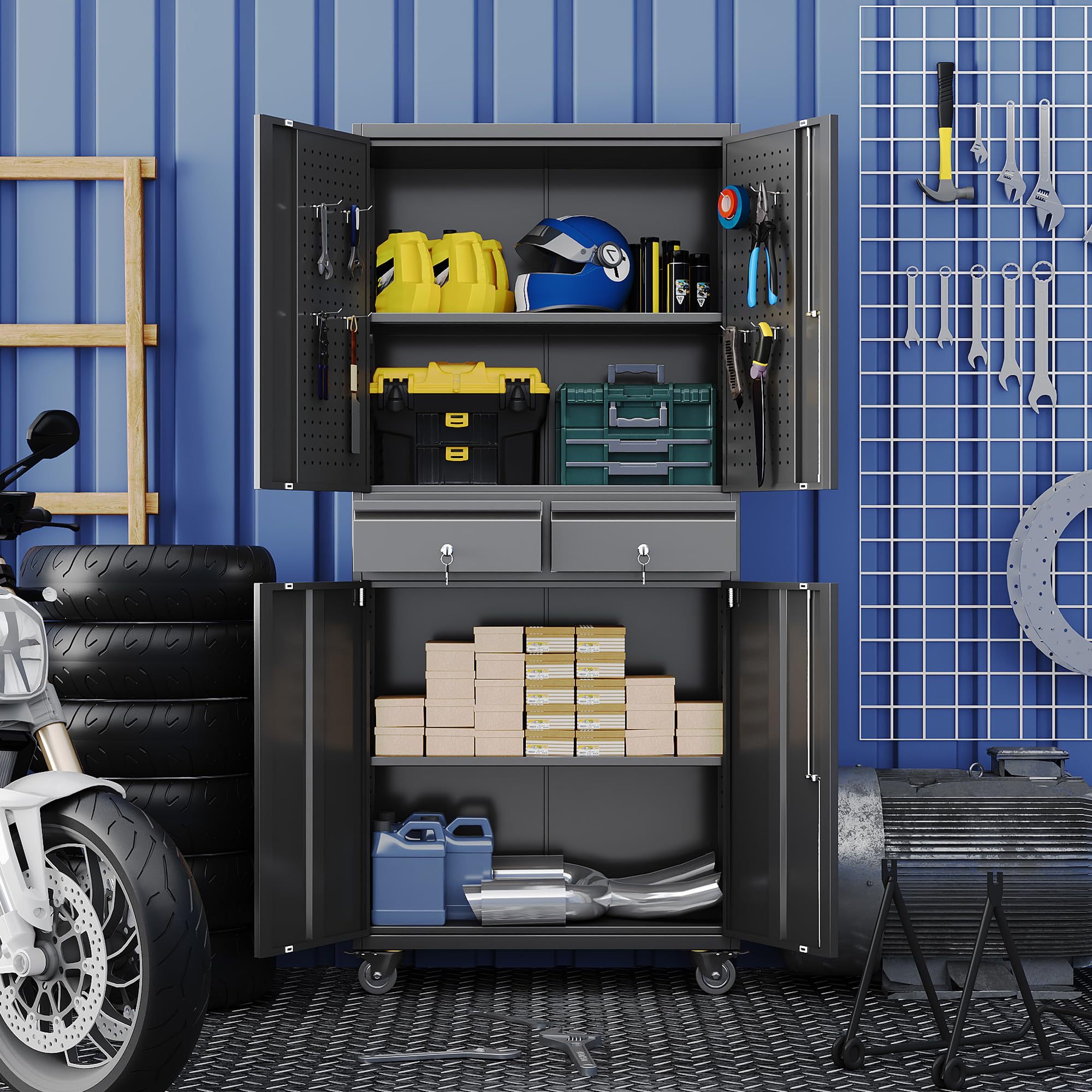 Metal Garage Storage Cabinet With 2 Drawers And 2 Adjustable Shelves, Rolling Tool Storage Cabinet With Wheels And Locking Doors For Garage, Warehouse, Black - Image 4