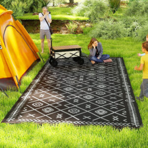 Reversible Outdoor Rug, Waterproof Plastic Straw With Carry Bag, 9 X 18, Black & Gray Rhombus