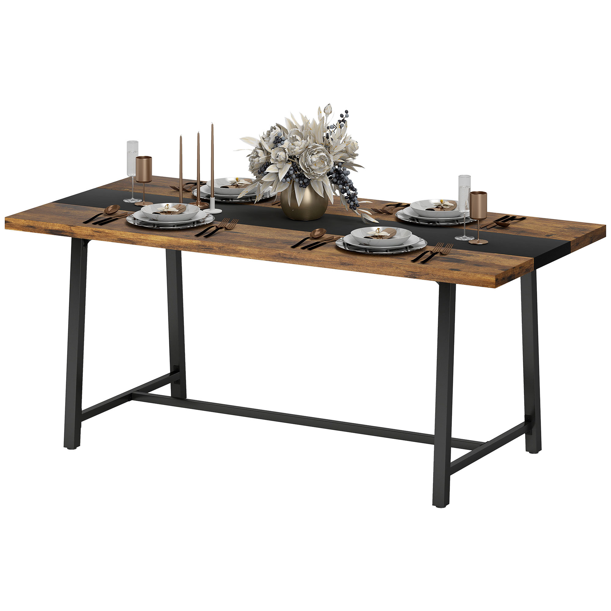 Industrial Kitchen Table For 8 People, 70.9 Long Dining Table With Large Tabletop And Steel Legs For Dining Room, Brown - Image 3