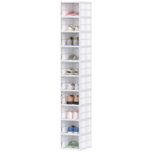 Stackable Plastic Shoe Boxes, 10 Pack Foldable Shoe Storage Boxes With Clear Door, No Assembly, Fit Size 10, White