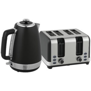Stainless Steel Kettle And Toaster Set, 1.7L 3000W Rapid Boil Jug Kettle With UK Strix Thermostat, Limescale Filter, 4 Slice Toaster With 7 Browning Controls, Crumb Tray, Black And Silver Tone