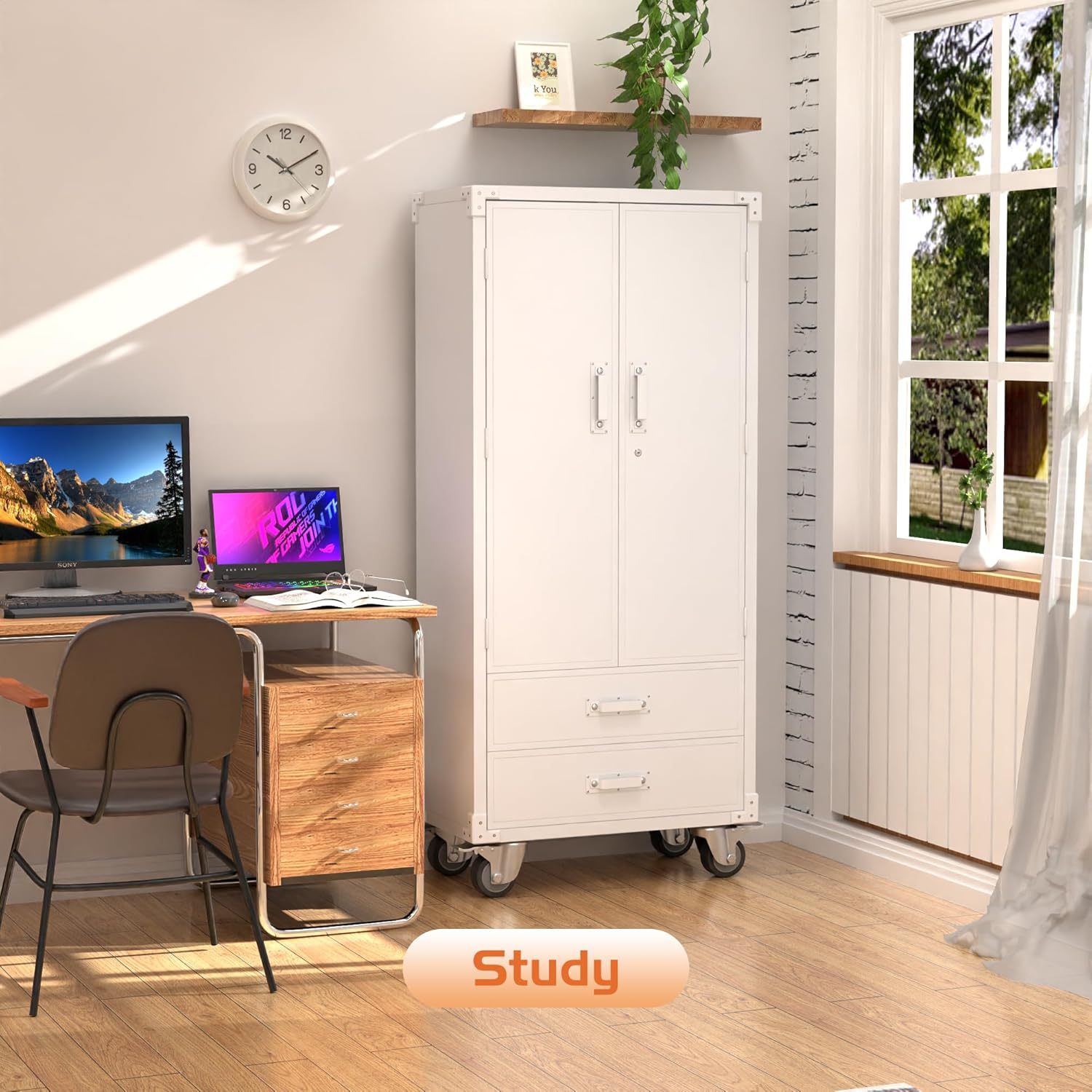 Rolling Storage Cabinet With 2 Doors And 2 Drawers, Metal Storage Cabinet With Doors And Shelves, Locking Steel Cabinet For Warehouse, Home, Office White - Image 4