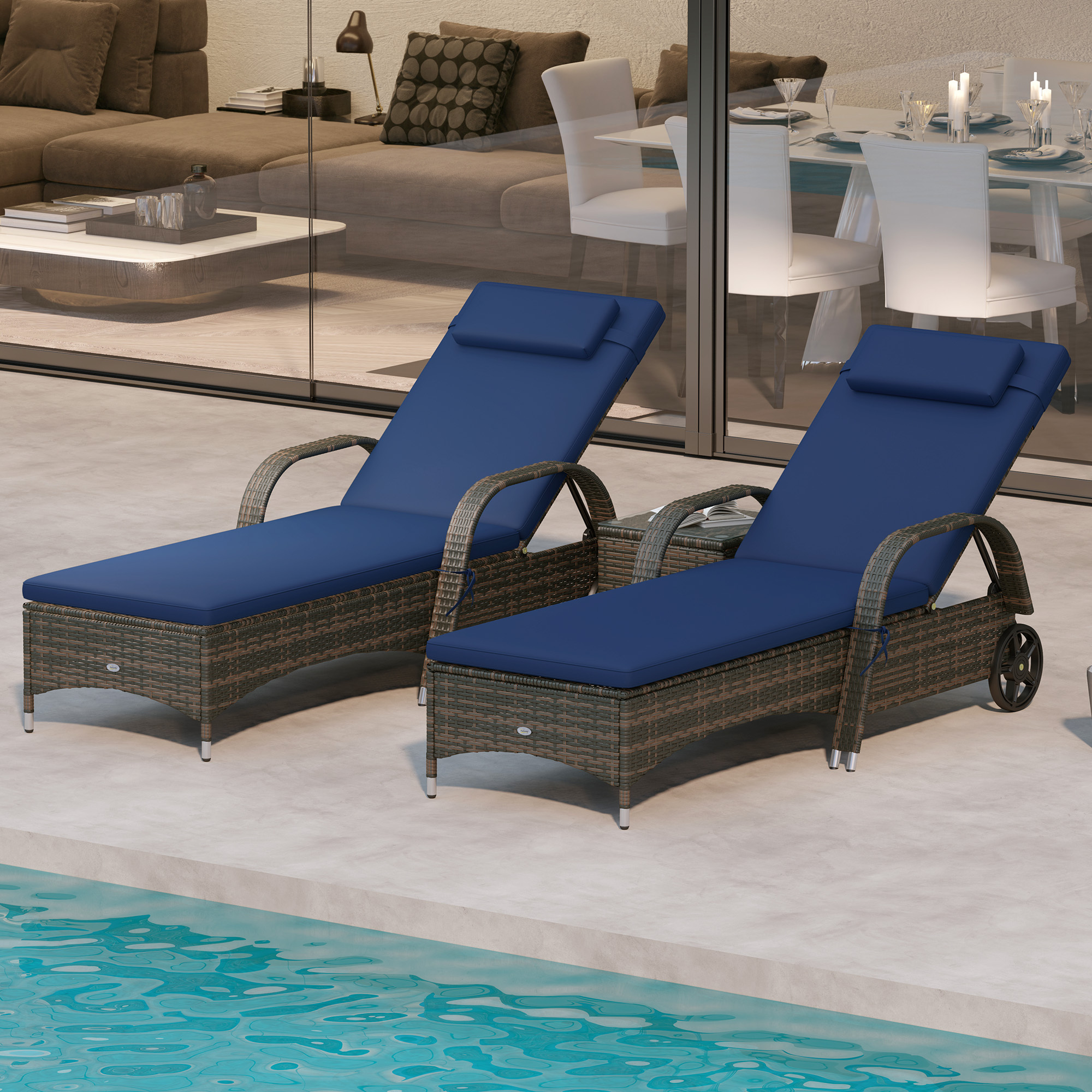 Patio Wicker Chaise Lounge Chair Set Of 2 With Table, Adjustable Backrest, Wheels, Cushion & Headrest, Dark Blue - Image 3