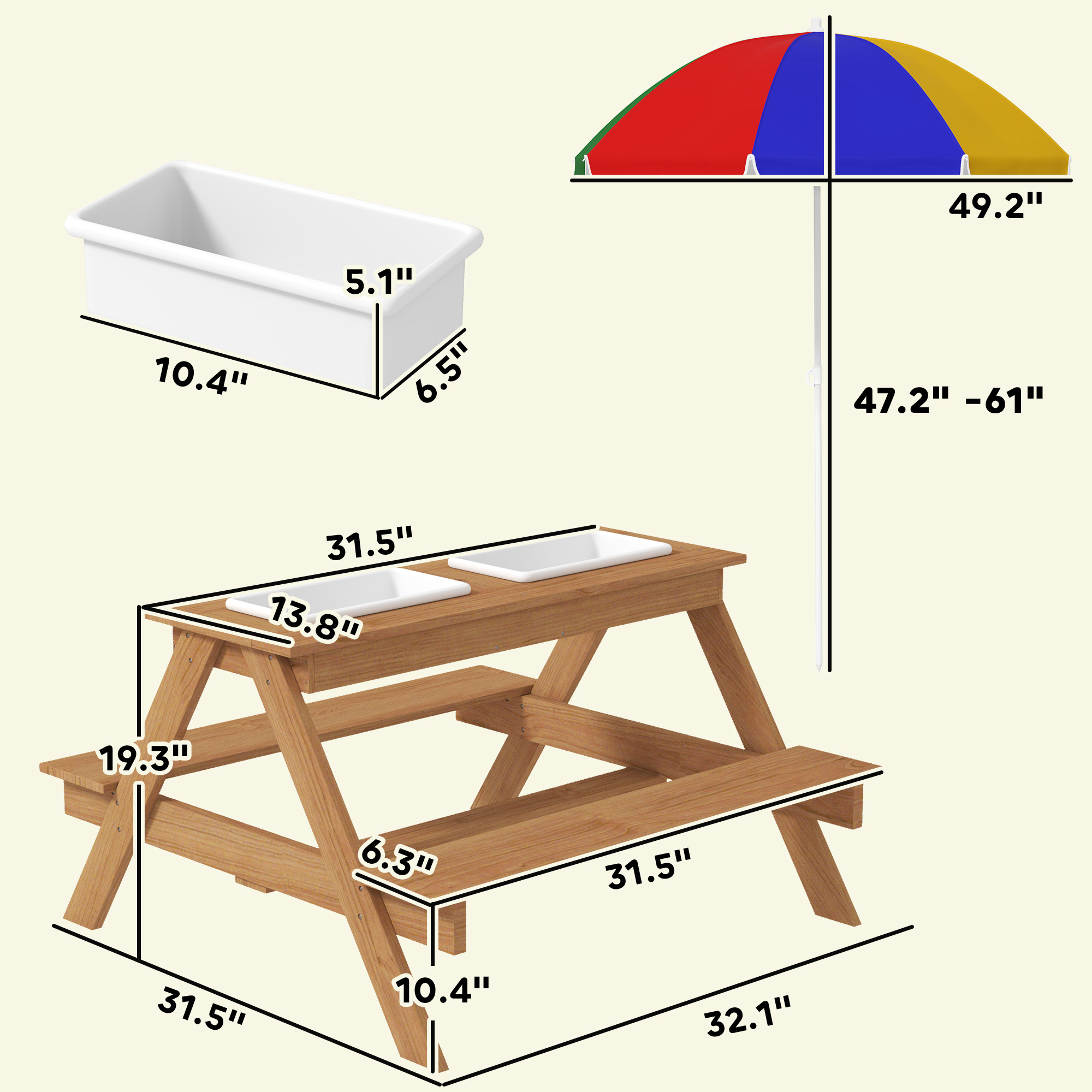 Wooden Outdoor Kids Picnic Table With Removable Umbrella, Children Sand And Water Activity Table For Patio, Mixed Color - Image 3