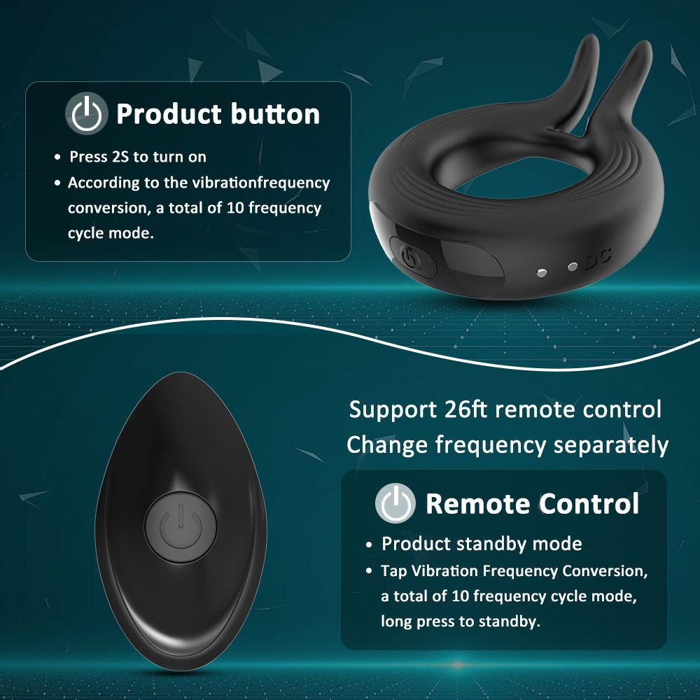 10 Frequency Magnetic Charging Rabbit Ear Cock Ring Silicone Male Vibrating Penis- Ring Adult- Products Masturbation- Device - Image 3