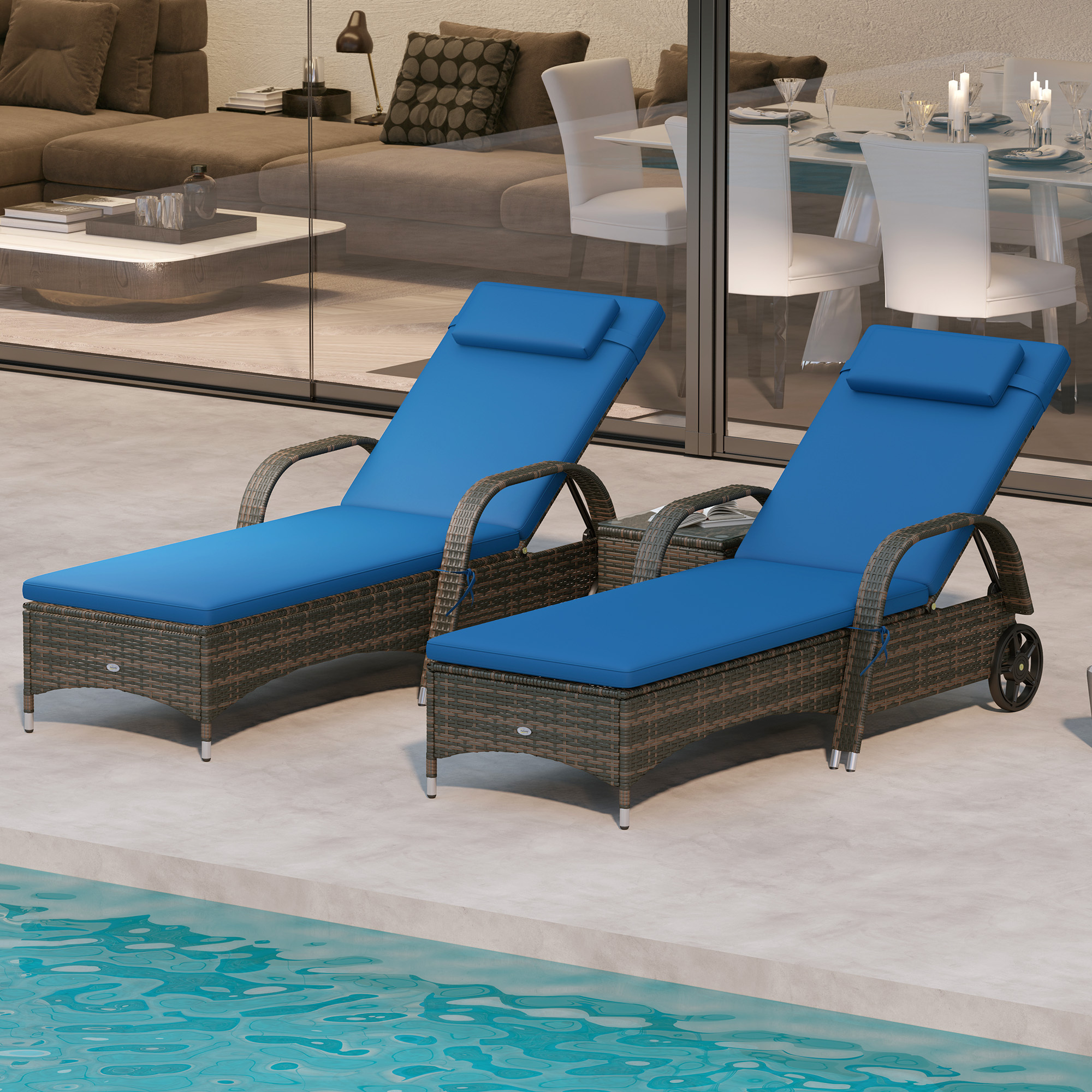 Patio Wicker Chaise Lounge Chair Set Of 2 With Table, Adjustable Backrest, Wheels, Cushion & Headrest, Blue - Image 3