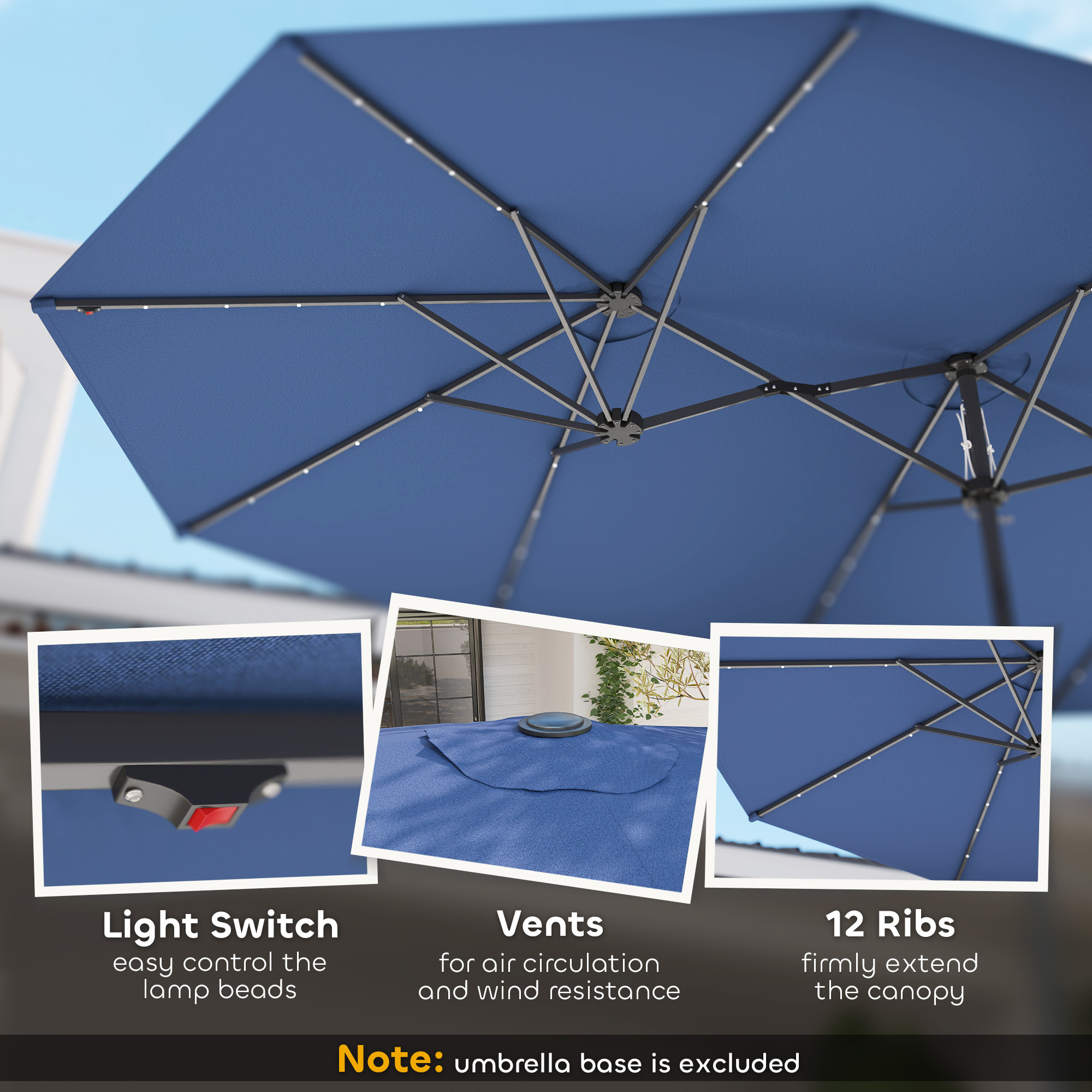 Garden Parasol, Double-Sided Sun Umbrella With LED Solar Lights, Patio Parasol For Outdoor, Blue - Image 4