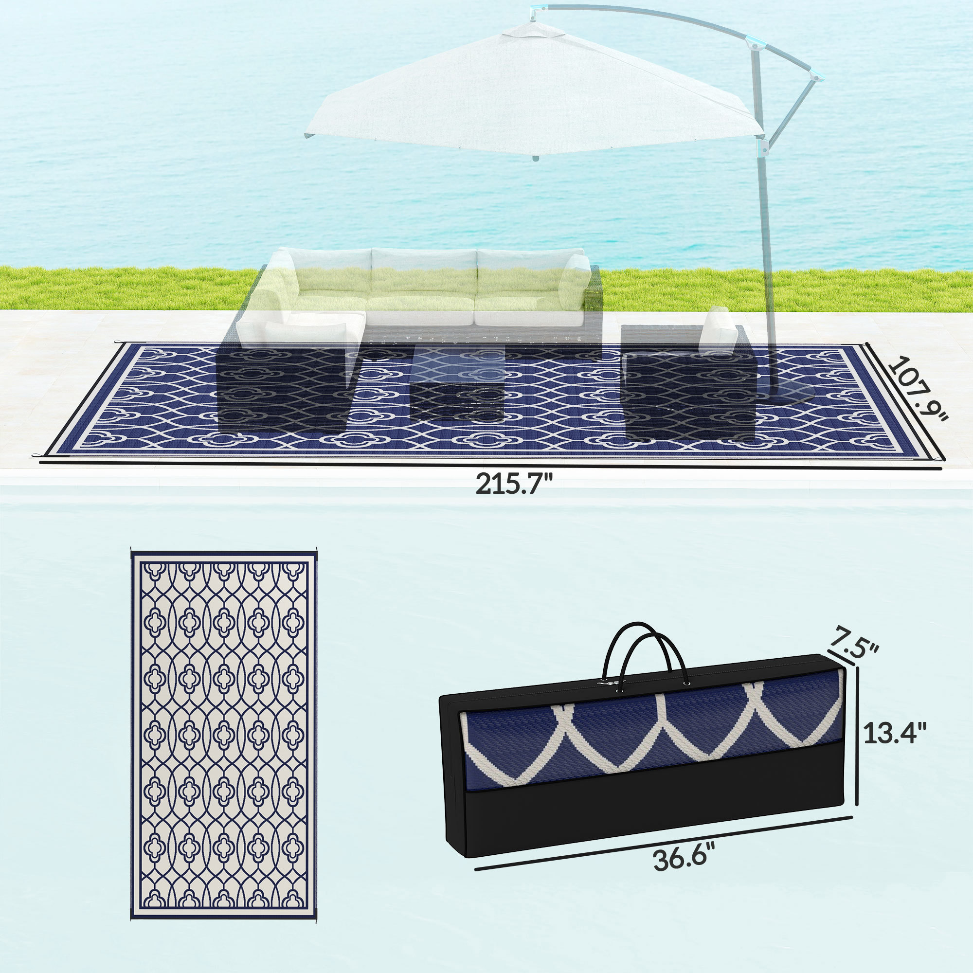 Reversible Outdoor Rug, Waterproof Plastic Straw With Carry Bag, 9 X 18, Blue & White Lantern - Image 4