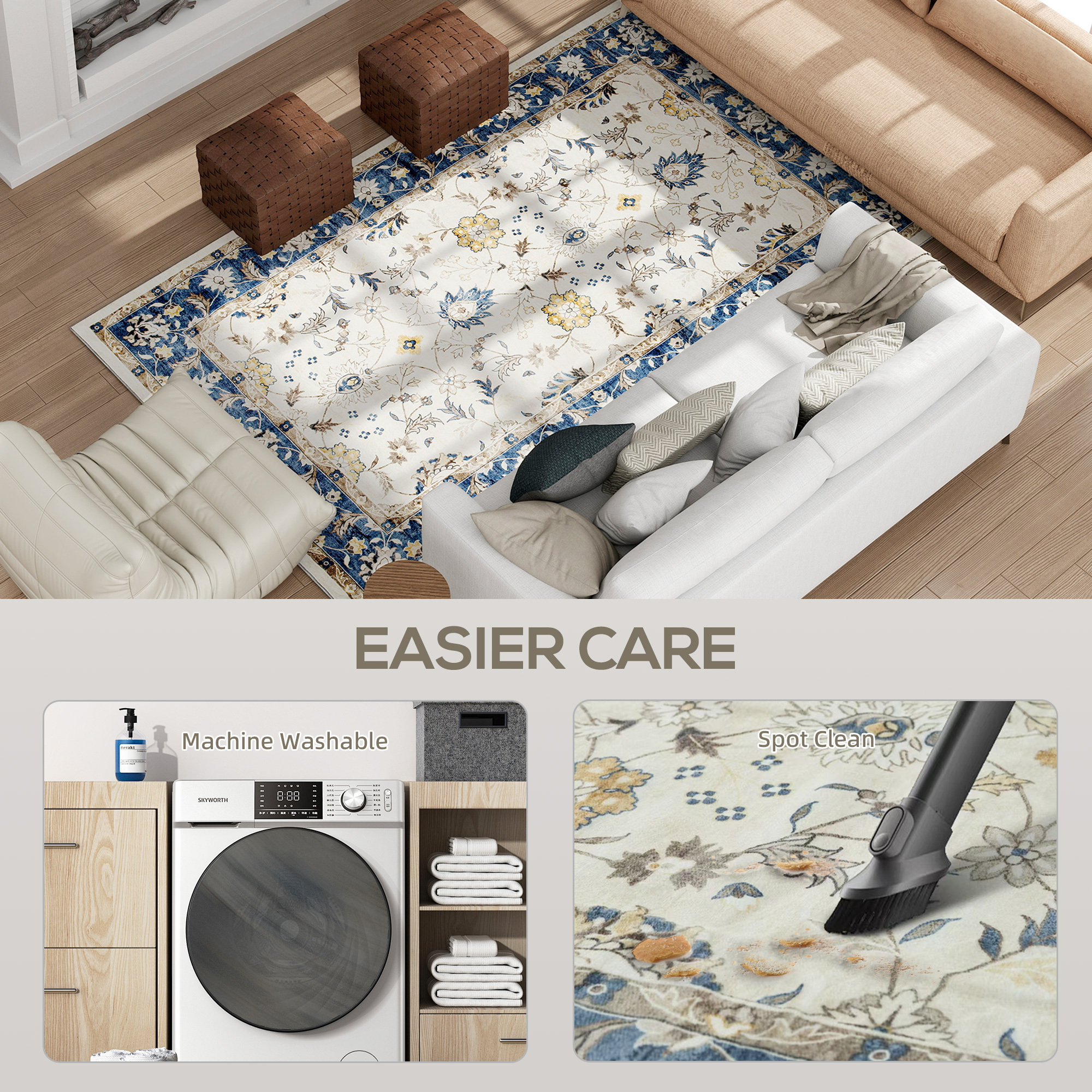 Machine Washable Area Rug 4x6, Non-Slip Boho Floral Print Floor Carpet For Living Room, Bedroom, Dining Room, Blue - Image 4