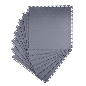 Garage Floor Tiles Interlocking, 8 Pack 20.2 X 20.2 X 0.2 In Interlocking Modular Garage Flooring Tiles, Diamond Plate Slip-Resistant PVC Mats For Workshop,Warehouse,Tool Room, Graphite Gray