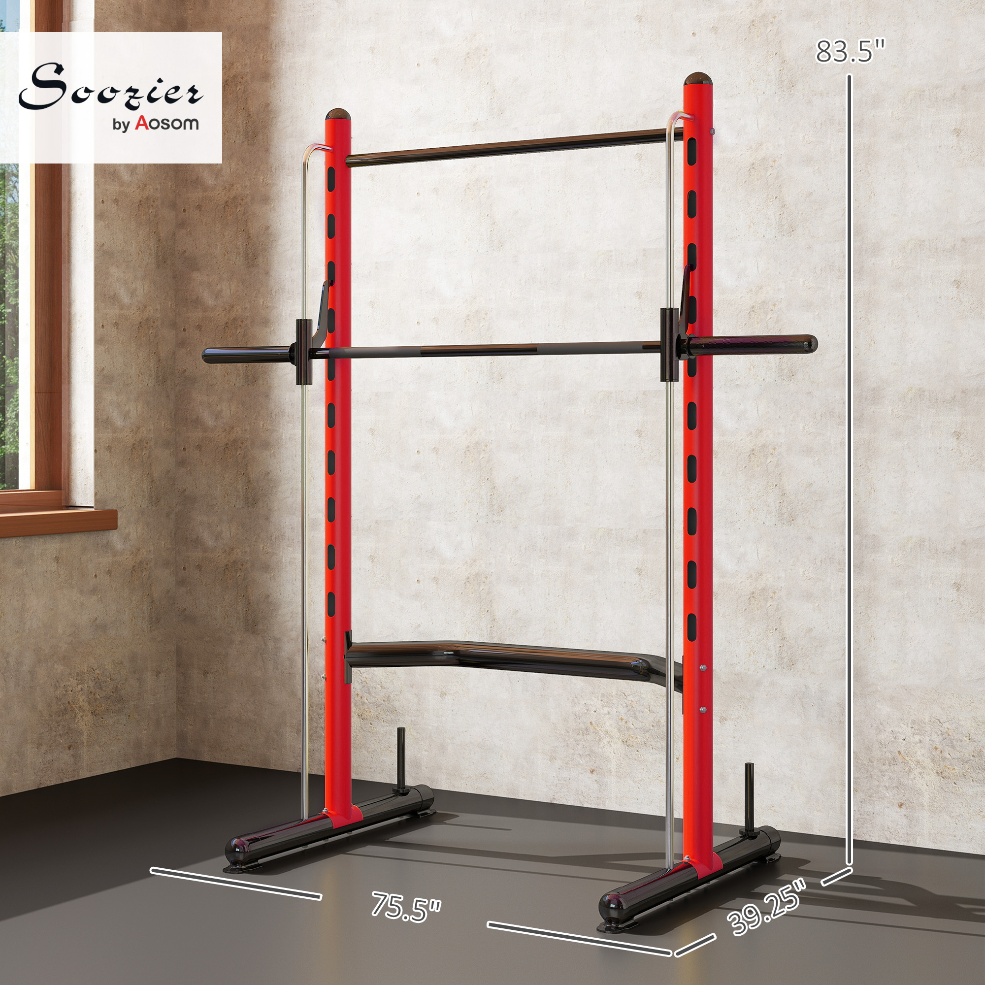 Squat Rack With Pull Up Bar And Barbell Bar Adjustable Bench Press Multi-Function Weight Lifting Half Rack, Red - Image 2