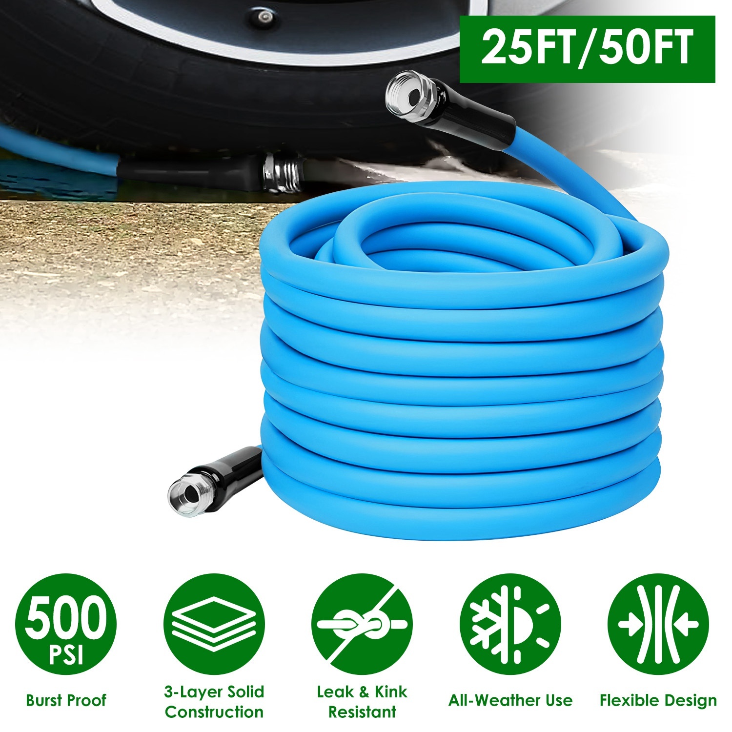 25FT-50FT Options -- 1Pc Non-Expanding Flexible Garden Hose Heavy Duty PVC Water Hose Leak-Resistant Kink-Free All-weather Burst 500PSI - Image 10