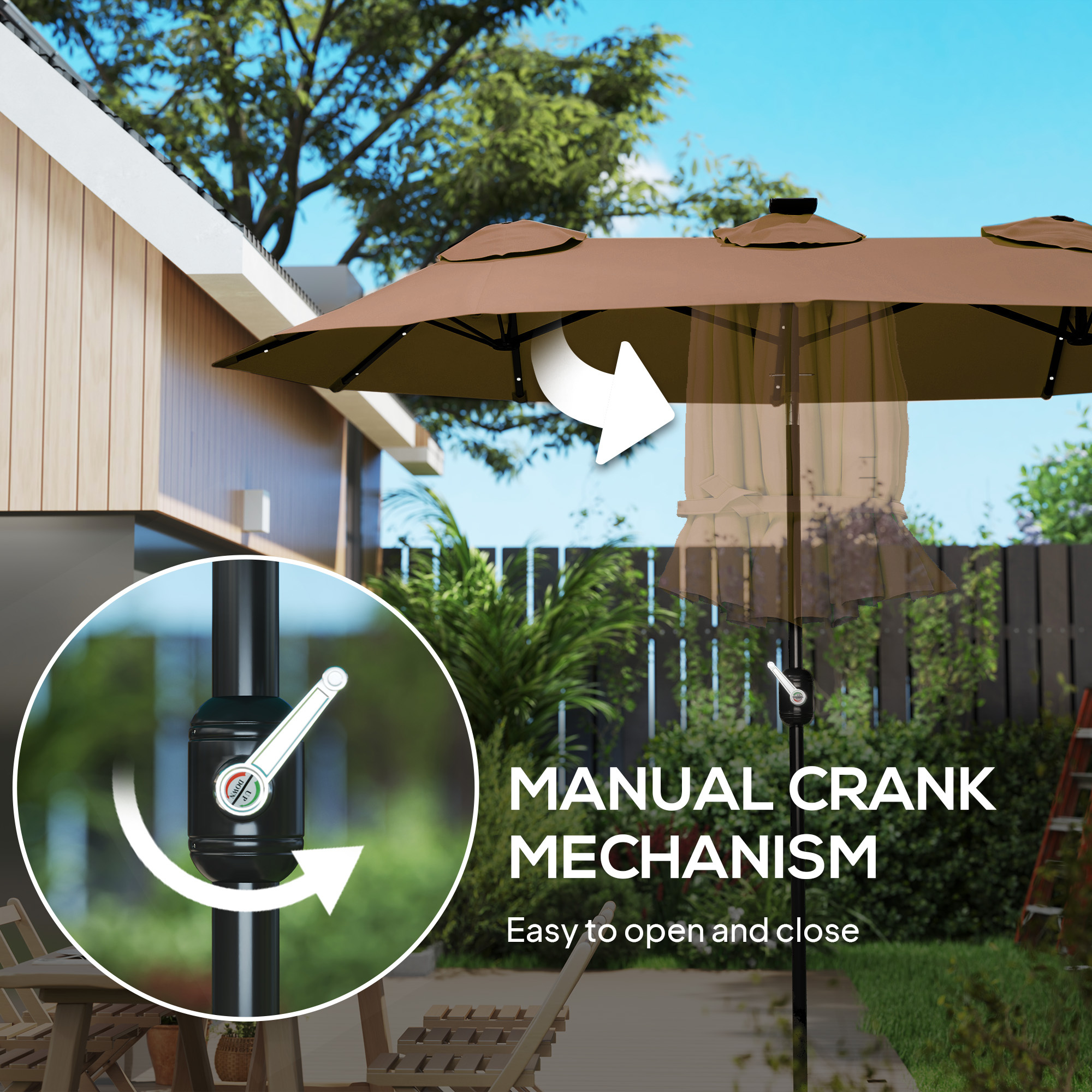 Double-sided Patio Umbrella, 9.7 Ft. Outdoor Umbrella With 45-Degree Tilt And Crank, LED Solar Light And 12 Ribs, Coffee - Image 5