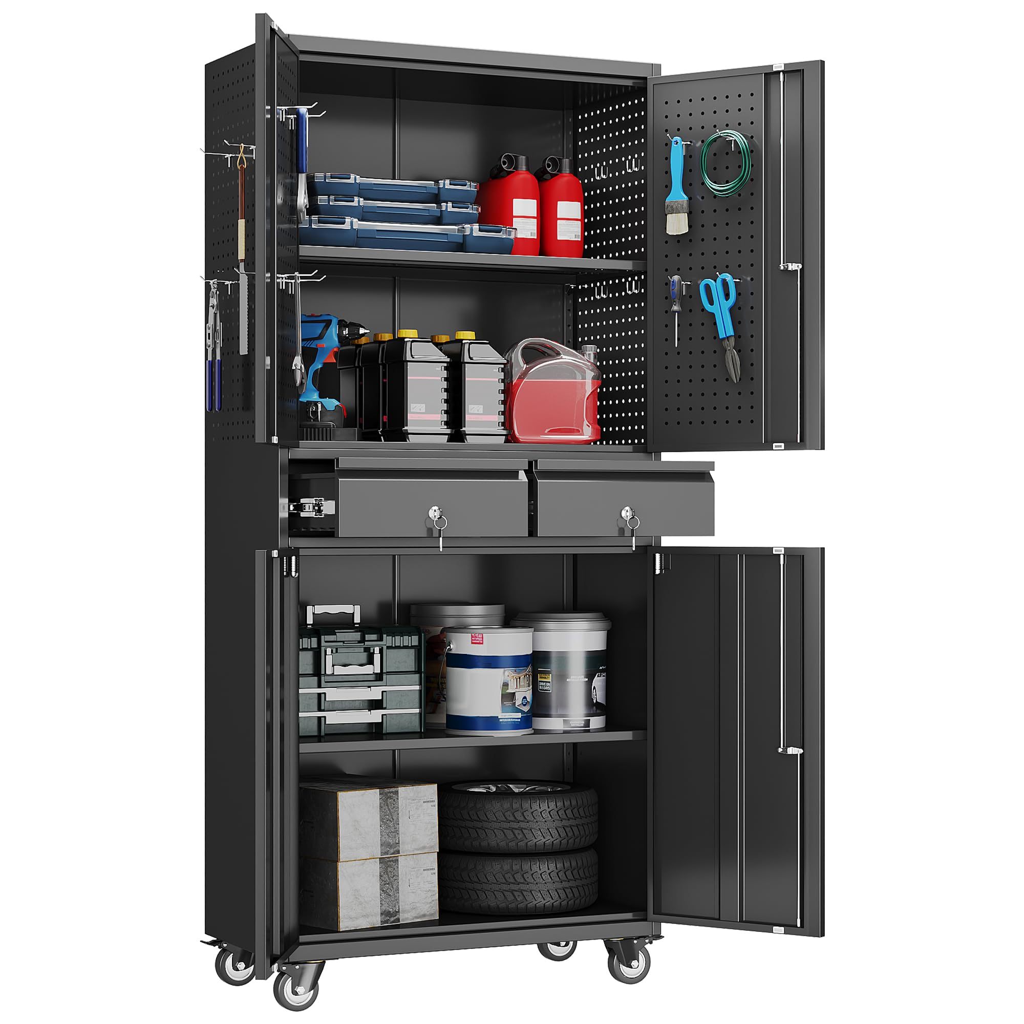 Metal Garage Storage Cabinet With 2 Drawers And 2 Adjustable Shelves, Rolling Tool Storage Cabinet With Wheels And Locking Doors For Garage, Warehouse, Black - Image 6