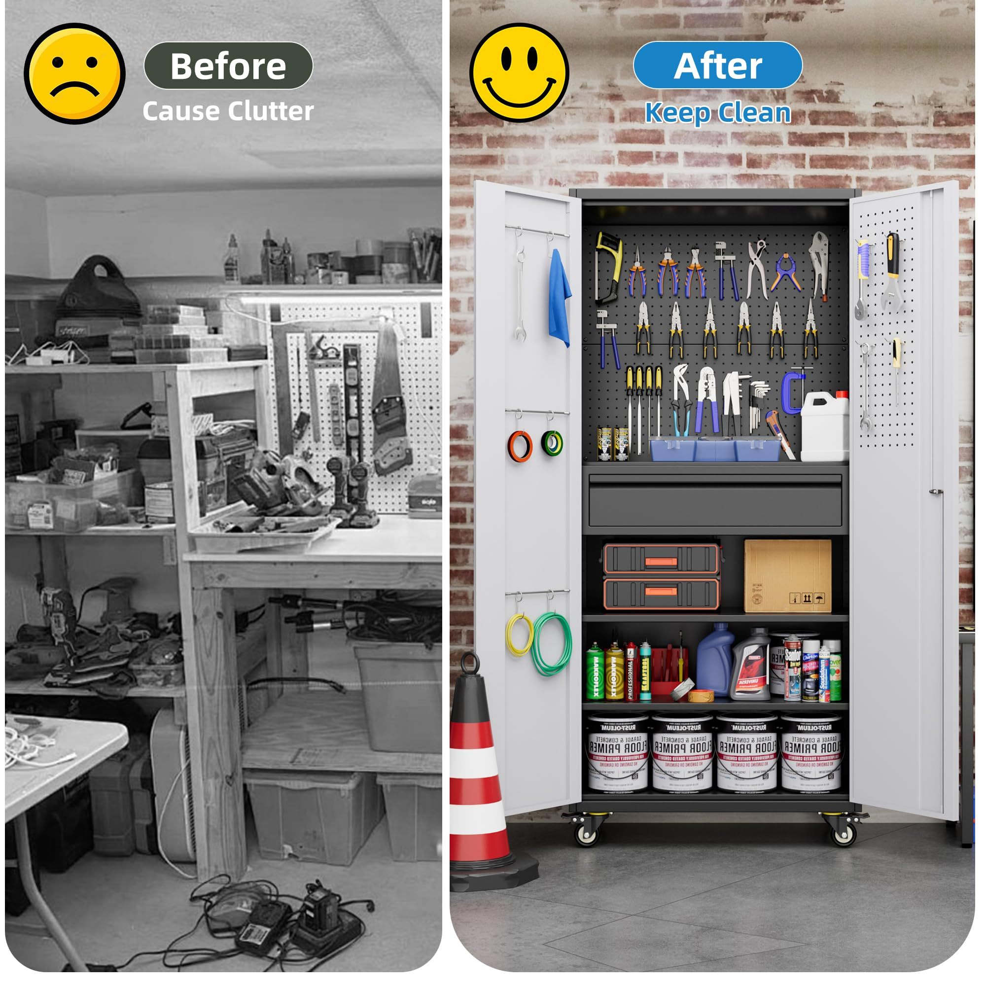 71 Inch High Metal Storage Cabinet On Wheels With 5 Pegboards And 1 Drawer, Lockable Steel Tool Cabinet For Garage, Warehouse, Assembly Required, Black Gray - Image 2