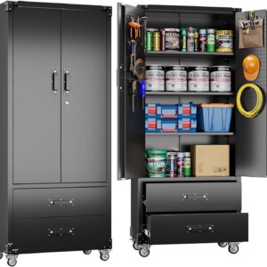 Rolling Storage Cabinet With 2 Doors And 2 Drawers, Metal Storage Cabinet With Doors And Shelves, Locking Steel Cabinet For Warehouse, Home, Office Black