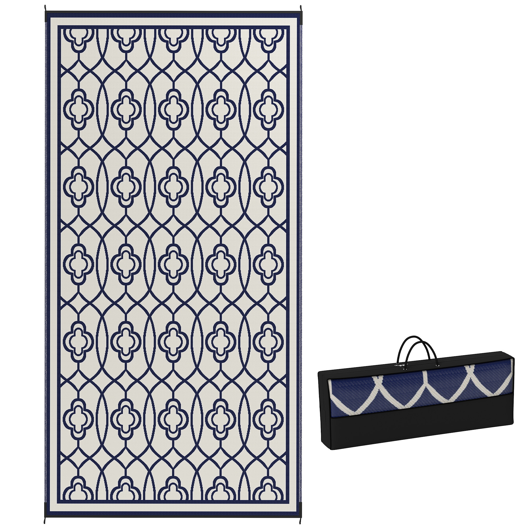 Reversible Outdoor Rug, Waterproof Plastic Straw With Carry Bag, 9 X 18, Blue & White Lantern - Image 3