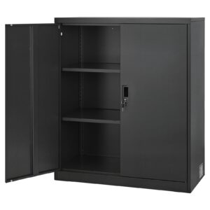 Metal Storage Cabinet, 41.7 In Steel Garage Cabinet With 2 Adjustable Shelves, 2 Magnetic Doors & 2 Keys, 3 Tiers Lockable Tool Storage For Pantry, Warehouse, Basement, Office, Black
