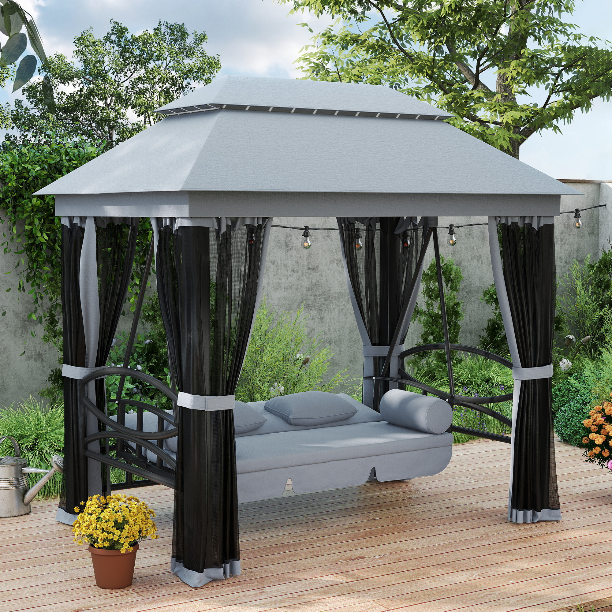 3-Seat Patio Swing Chair, Outdoor Gazebo Swing With Double Tier Canopy, Mesh Sidewalls, Cushioned Seat And Pillows, Gray - Image 6