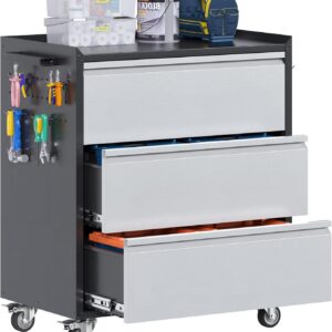 Aobabo Metal Garage Tool Storage Cabinets With Wheels, Steel Cabinet With Drawer, 3 Drawers Rolling Tools Chest Cabinet For Garage, Warehouse, Assembly Required, Black Grey