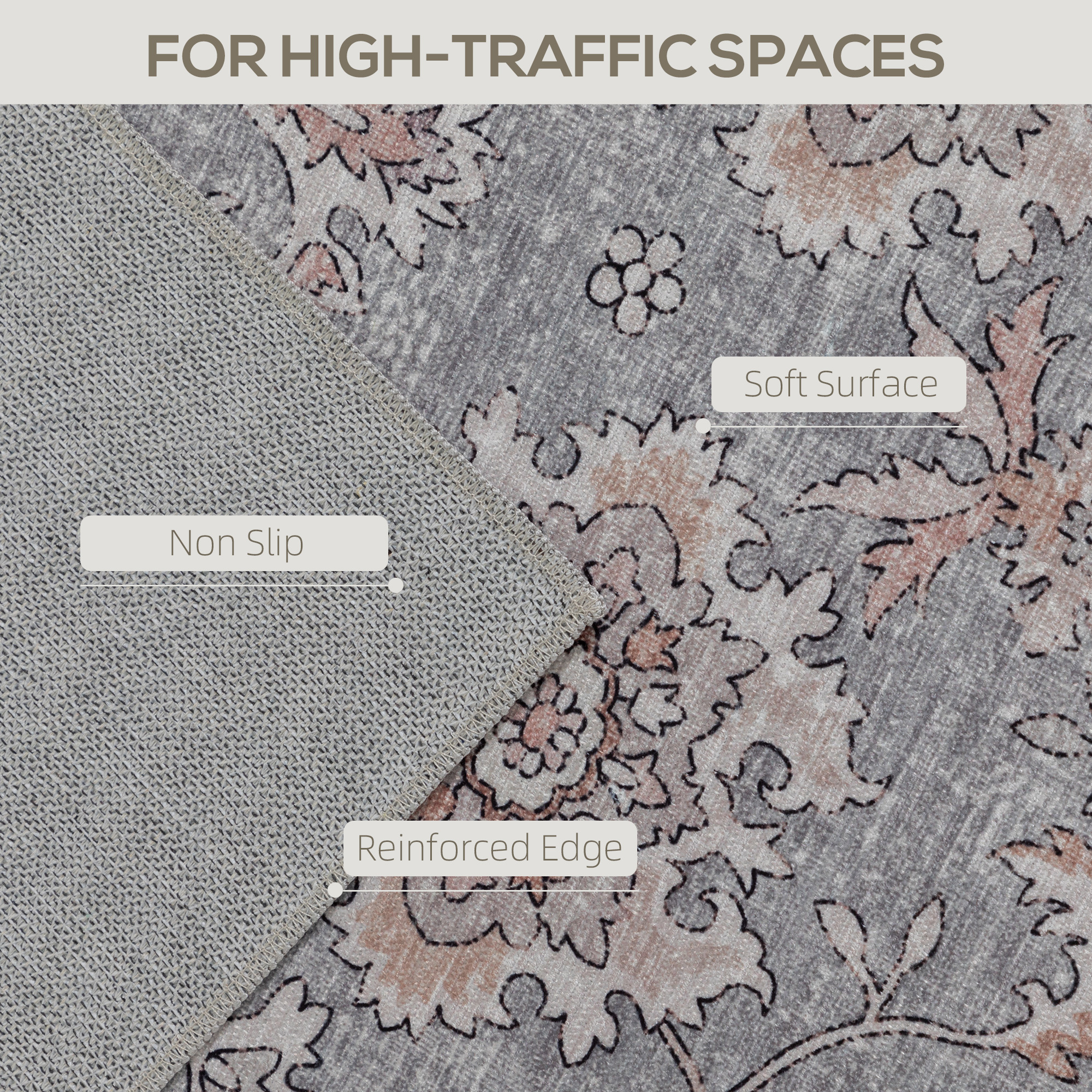 Machine Washable Area Rug 4x6, Non-Slip Traditional Flower Print Floor Carpet For Living Room, Bedroom, Grey And Brown - Image 4