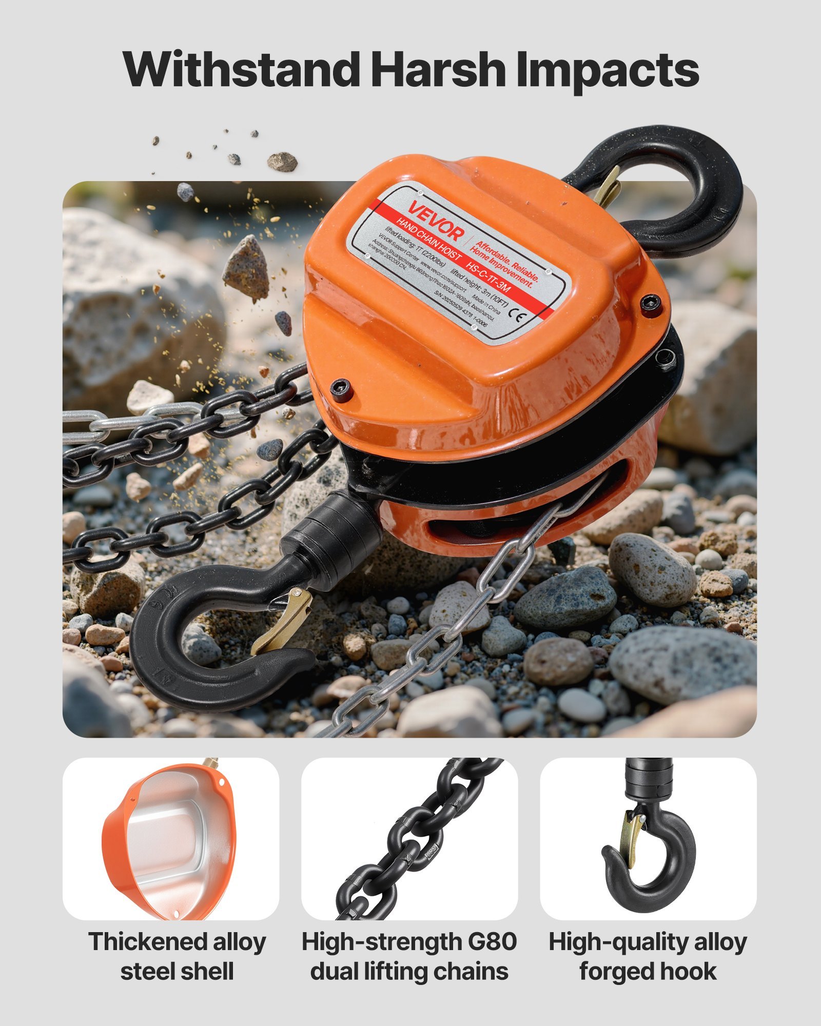 Hand Chain Hoist, 1 Ton 2200 Lbs Capacity, Manual Chain Block With Upgrade G80 Galvanized Chain, 10 Ft Lifting Height, Heavy Duty Pulley Hoist For Garage Warehouse Automotive Machinery, Orange - Image 5