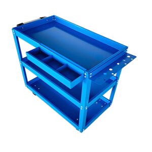 Upgrade 3-Tier Rolling Tool Cart With Lockable Wheels, Heavy Duty Steel Utility Cart, Kitchen Cart Organizer, Workshop Rolling Serving Cart For Garage, Warehouse, Blue