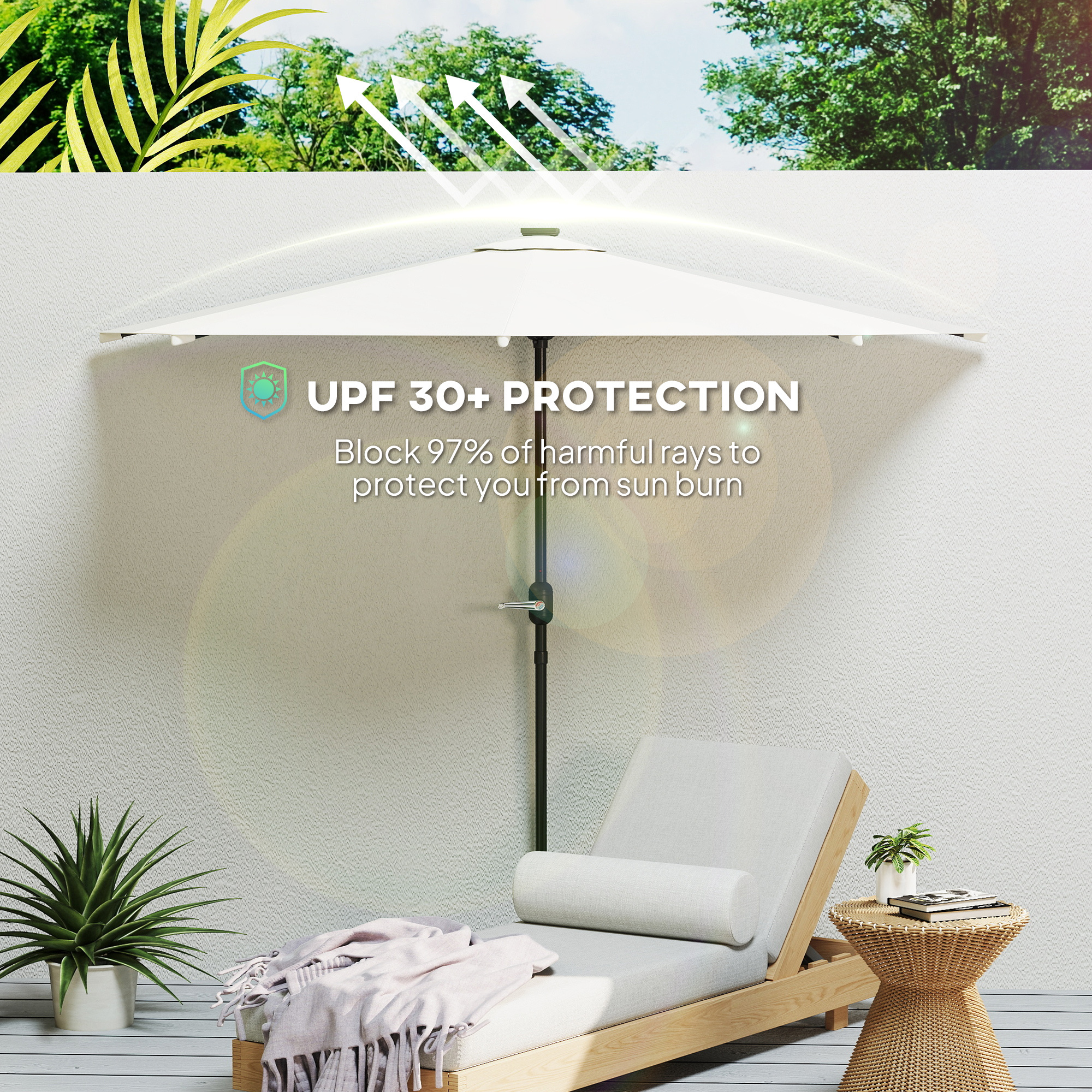 Half Outdoor Patio Umbrella, Small Vented Half Patio Umbrella With Crank 8 Ribs For Balcony Porch Garden Deck Poolside, Cream White - Image 4