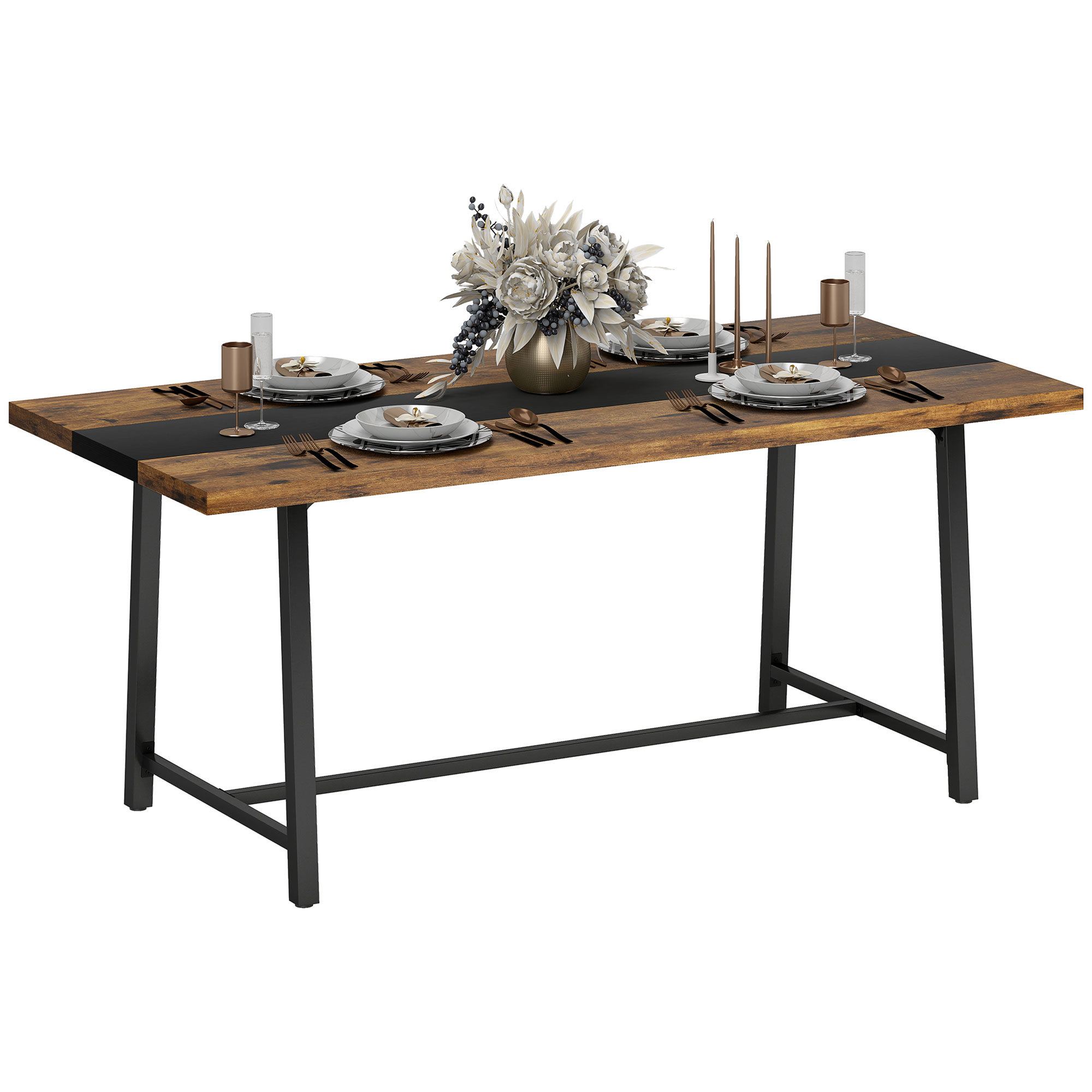 Industrial Kitchen Table For 8 People, 70.9 Long Dining Table With Large Tabletop And Steel Legs For Dining Room, Brown - Image 6
