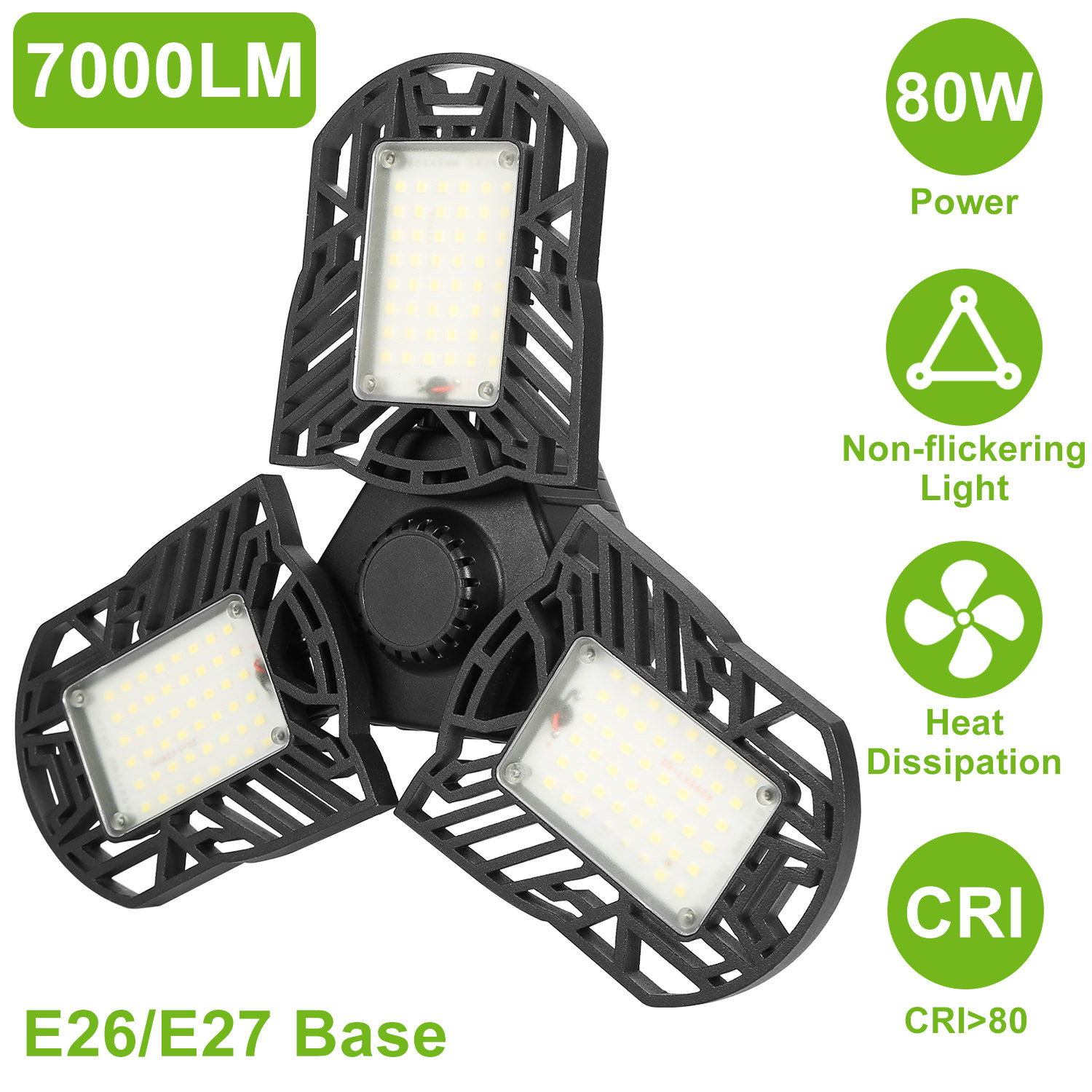 LED Garage Light E26 E27 80W 7000LM 6500K Garage Ceiling Light Deformable Workshop Lamp Die Cast Aluminum LED Ceiling Light Bulbs With 3 Adjustable Panels For Barn Shop Warehouse Workshop C