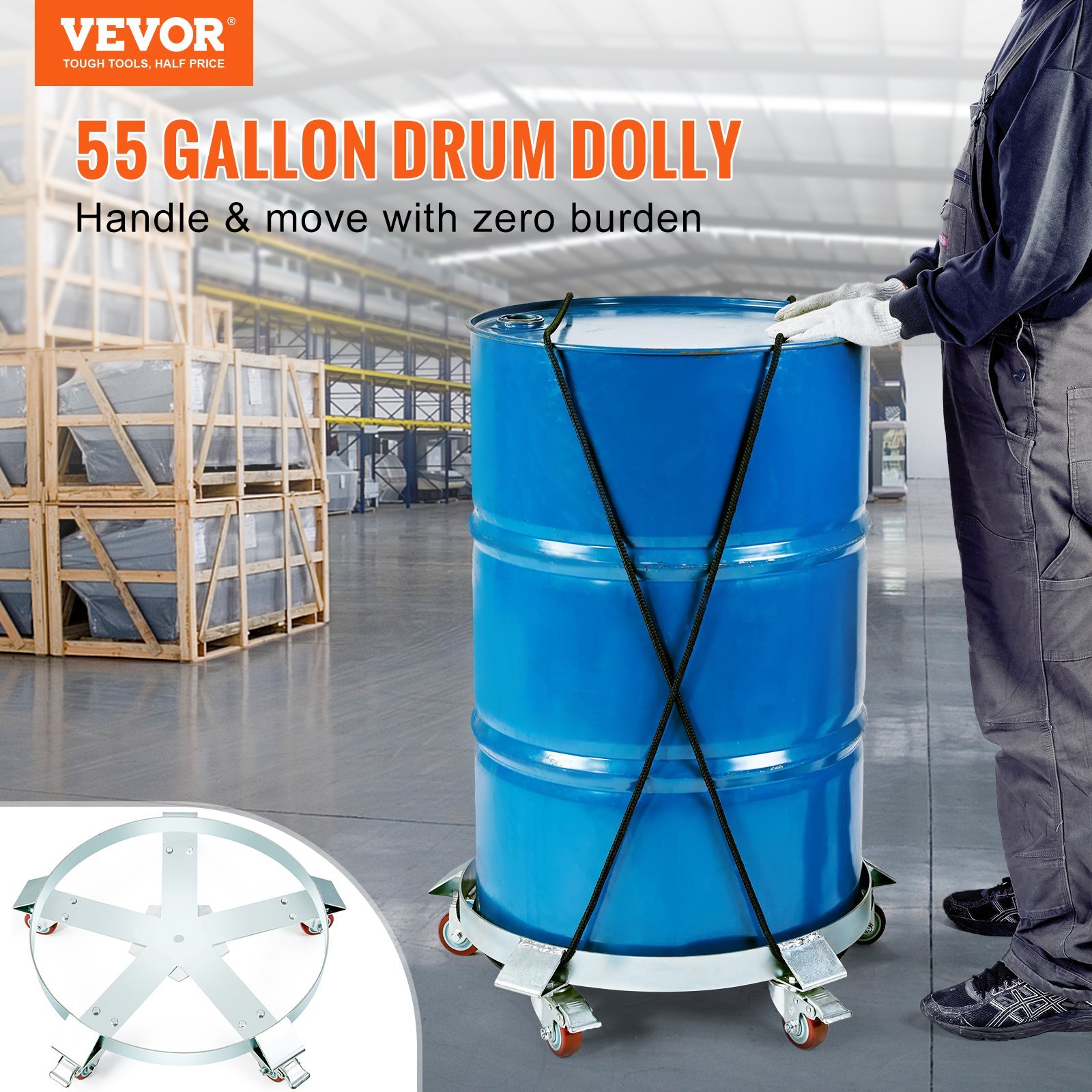 208.2 L Heavy Duty Drum Dolly, 567 Kg Load Capacity, Barrel Dolly Cart Drum Caddy, Non Tipping Hand Truck Capacity Dollies With Steel Frame 5 Swivel Casters Wheel, For Warehouse Drum Handling - Image 4