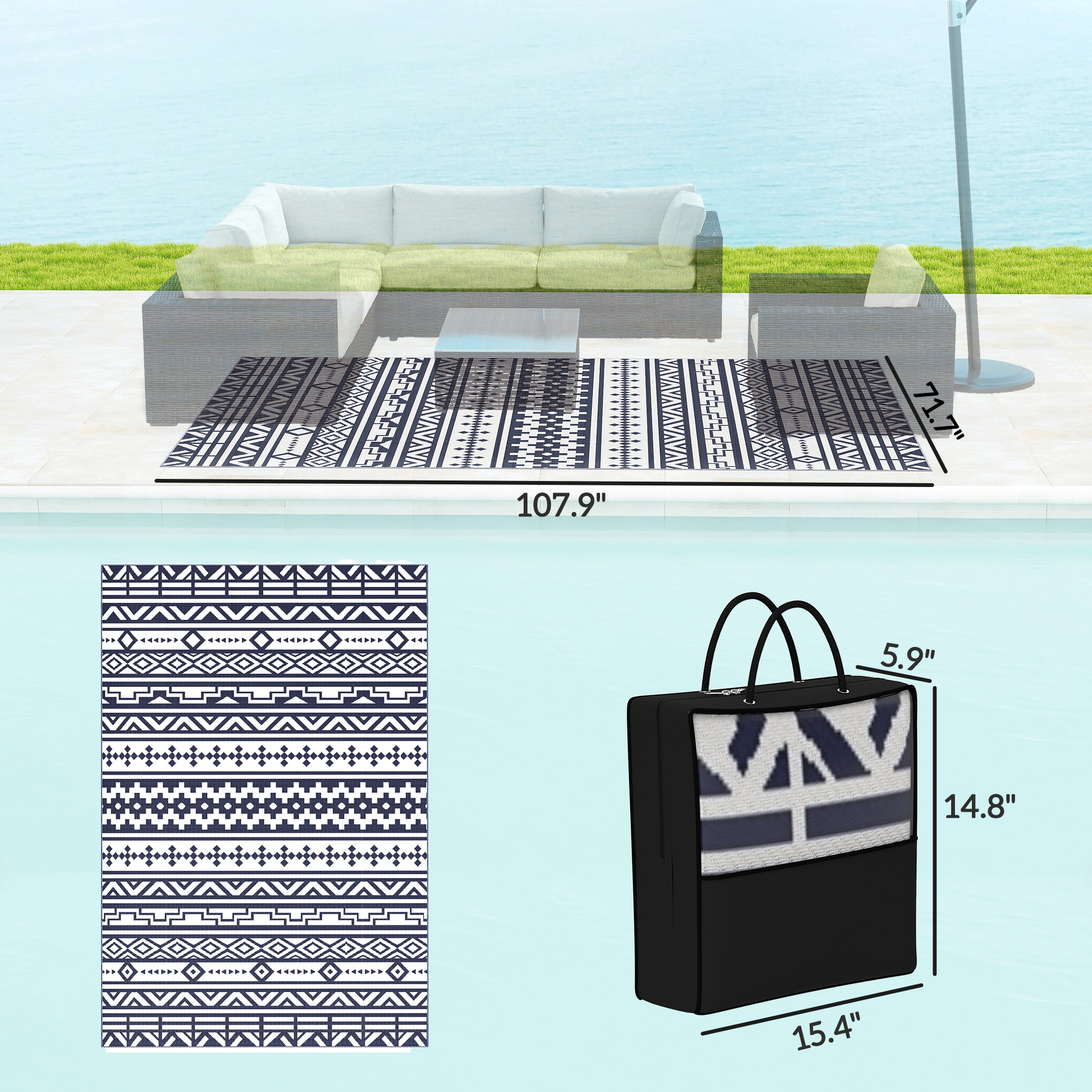 Reversible Outdoor Rug, Waterproof Plastic Straw With Carry Bag, 6 X 9, Blue White Geometric - Image 3