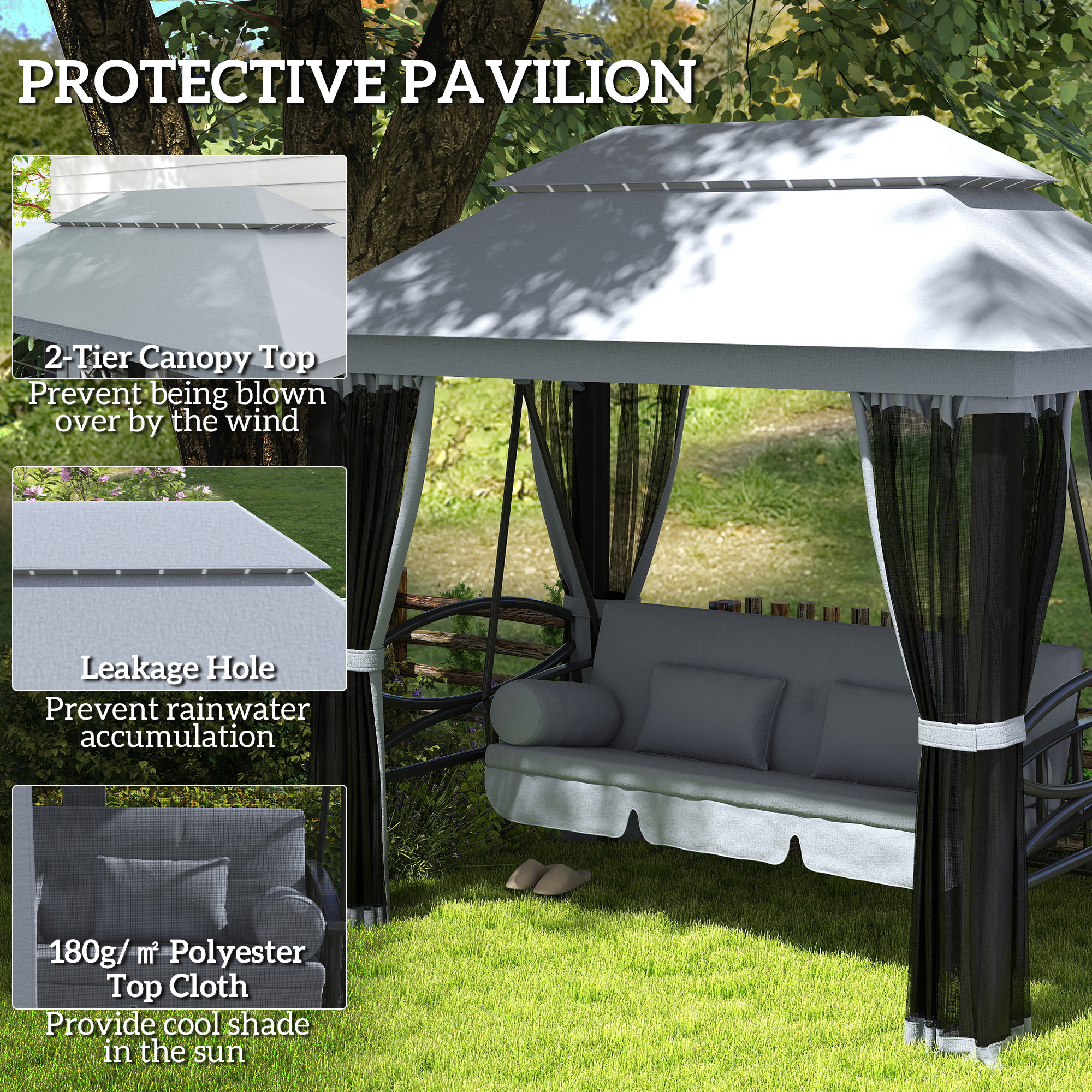3-Seat Patio Swing Chair, Outdoor Gazebo Swing With Double Tier Canopy, Mesh Sidewalls, Cushioned Seat And Pillows, Gray - Image 5