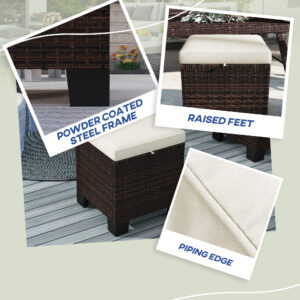 2 Piece Wicker Outdoor Ottomans With Cushions, Rattan Ottoman Footrest And Side Table For Patio, Yard, Poolside, Beige