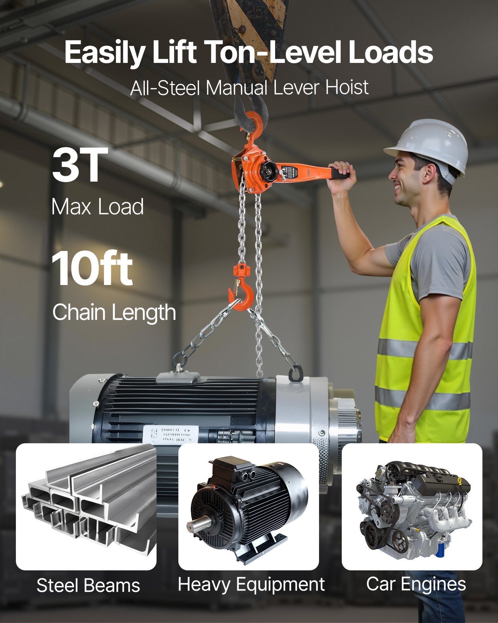 Manual Lever Chain Hoist, 3T 6600LBS Capacity Heavy Duty Come Along, 10FT Lift G80 Alloy Steel Chain With Dual Pawl Mechanical Brake,360°Rotating Hooks, For Warehouse Construction Garage - Image 5