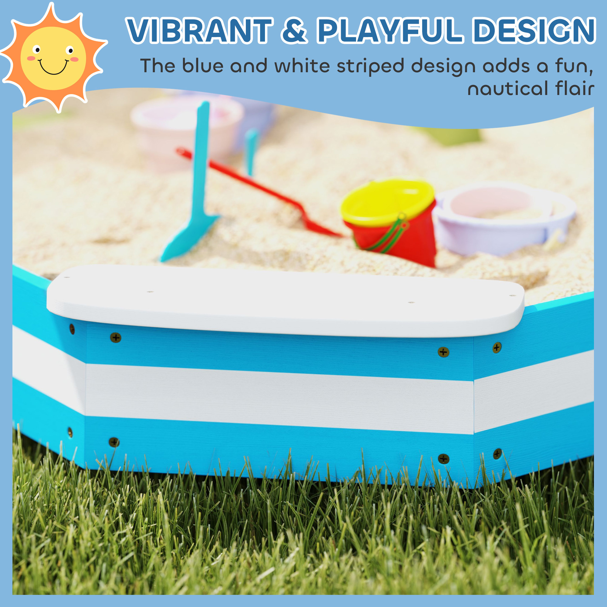 Kids Sandbox With 4 Corner Seats, Bottom Liner For Backyard, Garden, Outdoor, 52 X 52 X 6, Blue - Image 4