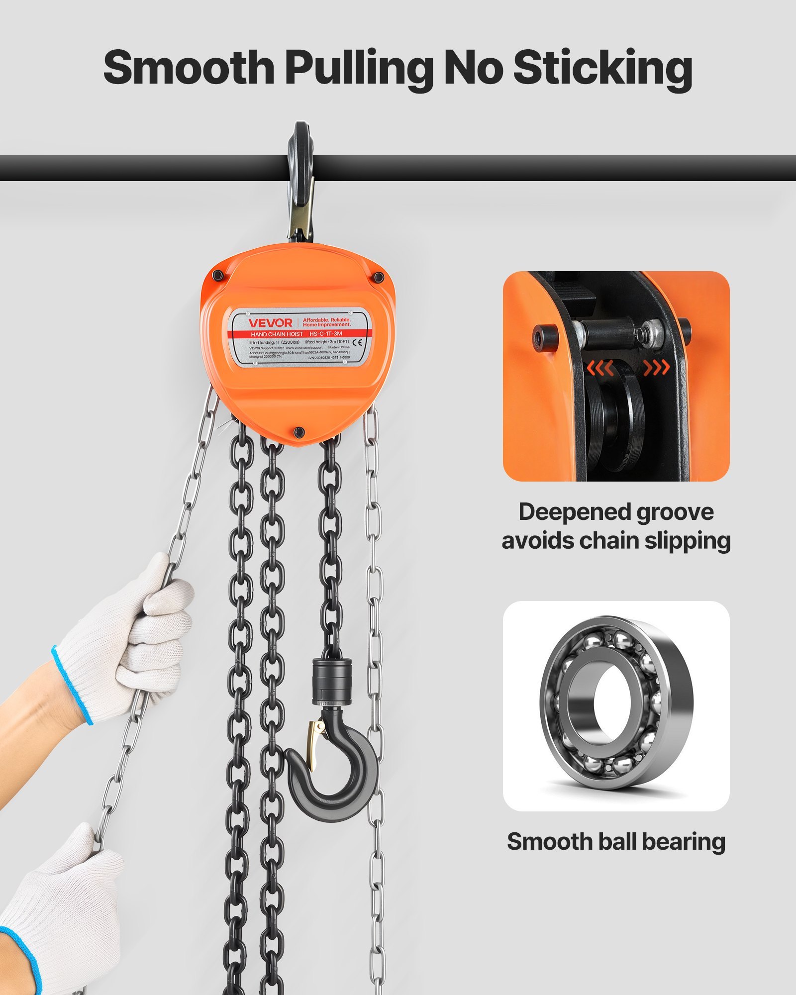 Hand Chain Hoist, 1 Ton 2200 Lbs Capacity, Manual Chain Block With Upgrade G80 Galvanized Chain, 10 Ft Lifting Height, Heavy Duty Pulley Hoist For Garage Warehouse Automotive Machinery, Orange - Image 3