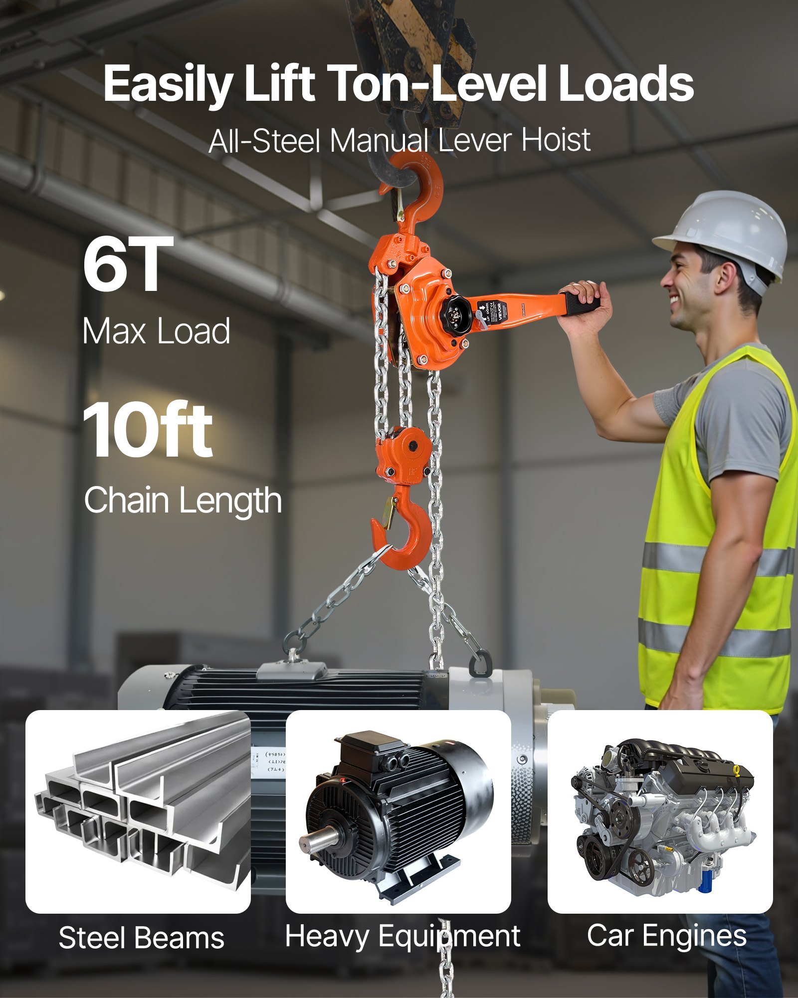 Manual Lever Chain Hoist, 6T 13200LBS Capacity Heavy Duty Come Along, 10FT Lift G80 Alloy Steel Chain With Dual Pawl Mechanical Brake,360°Rotating Hooks, For Warehouse Construction Garage - Image 4