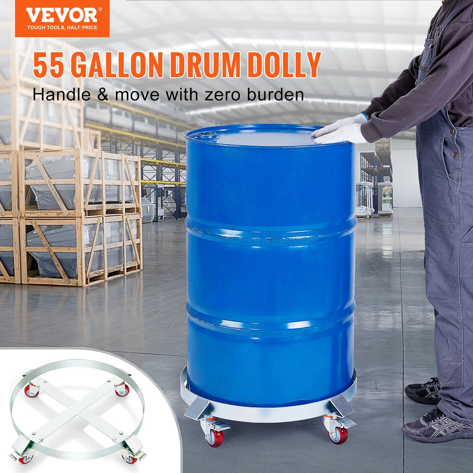 208.2 L Heavy Duty Drum Dolly, 453.6 Kg Load Capacity, Barrel Dolly Cart Drum Caddy, Non Tipping Hand Truck Capacity Dollies With Steel Frame 4 Swivel Casters Wheel, For Warehouse Drum Handling - Image 5