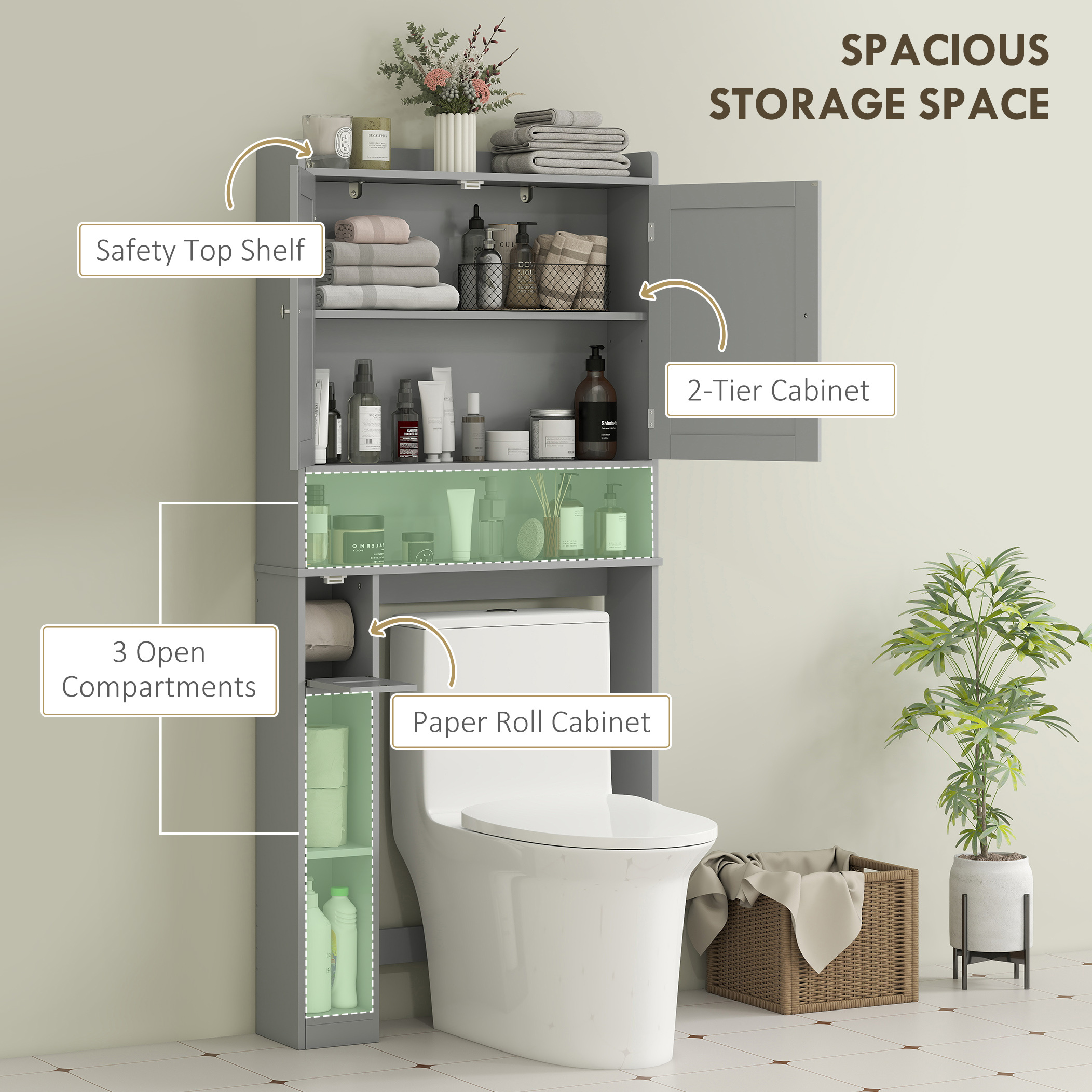Modern Over The Toilet Storage Cabinet With 2 Doors, Above Commode Storage Cabinet With Toilet Paper Holder, Gray - Image 4