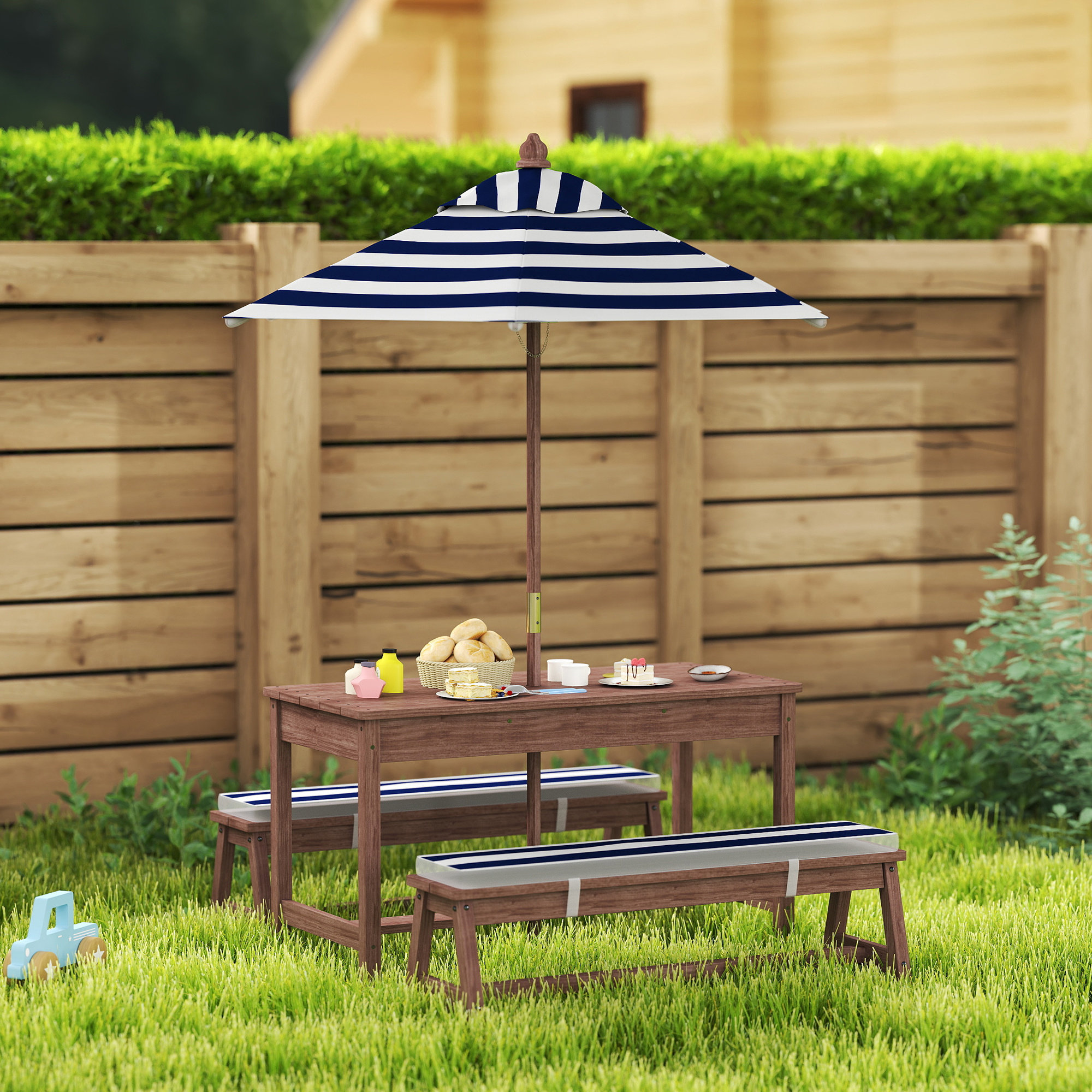 Outdoor Wooden Kids Picnic Table & Bench Set With Cushions And Umbrella, For Patio, Garden, Navy Blue - Image 6