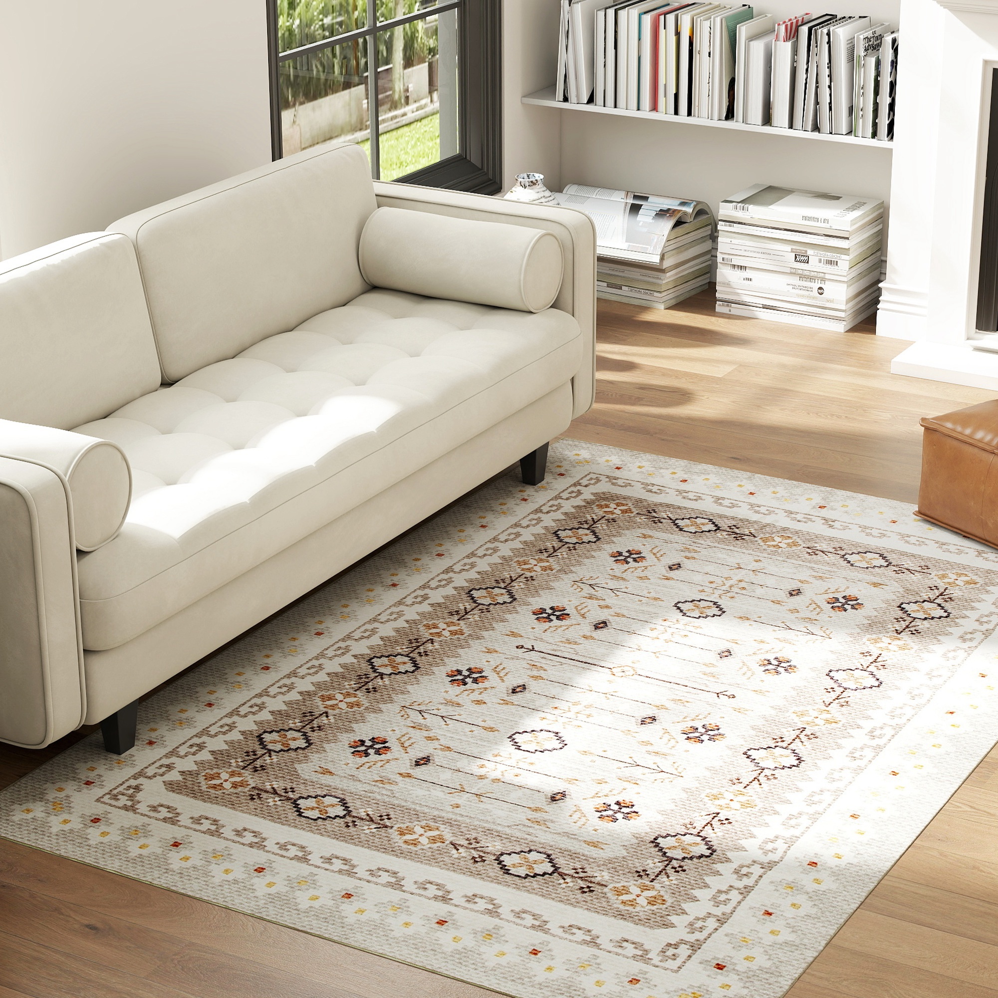Machine Washable Area Rug 4x6, Non-Slip Boho Flannel Print Floor Carpet For Living Room, Bedroom, Dining Room, Brown - Image 4