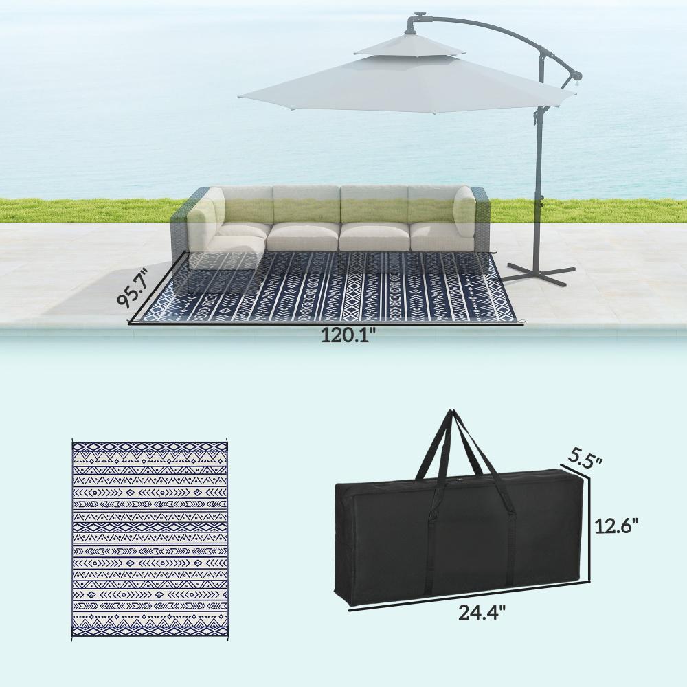 Reversible Outdoor Rug, Waterproof Plastic Straw With Carry Bag, 8 X 10, Blue & White Geometric - Image 3