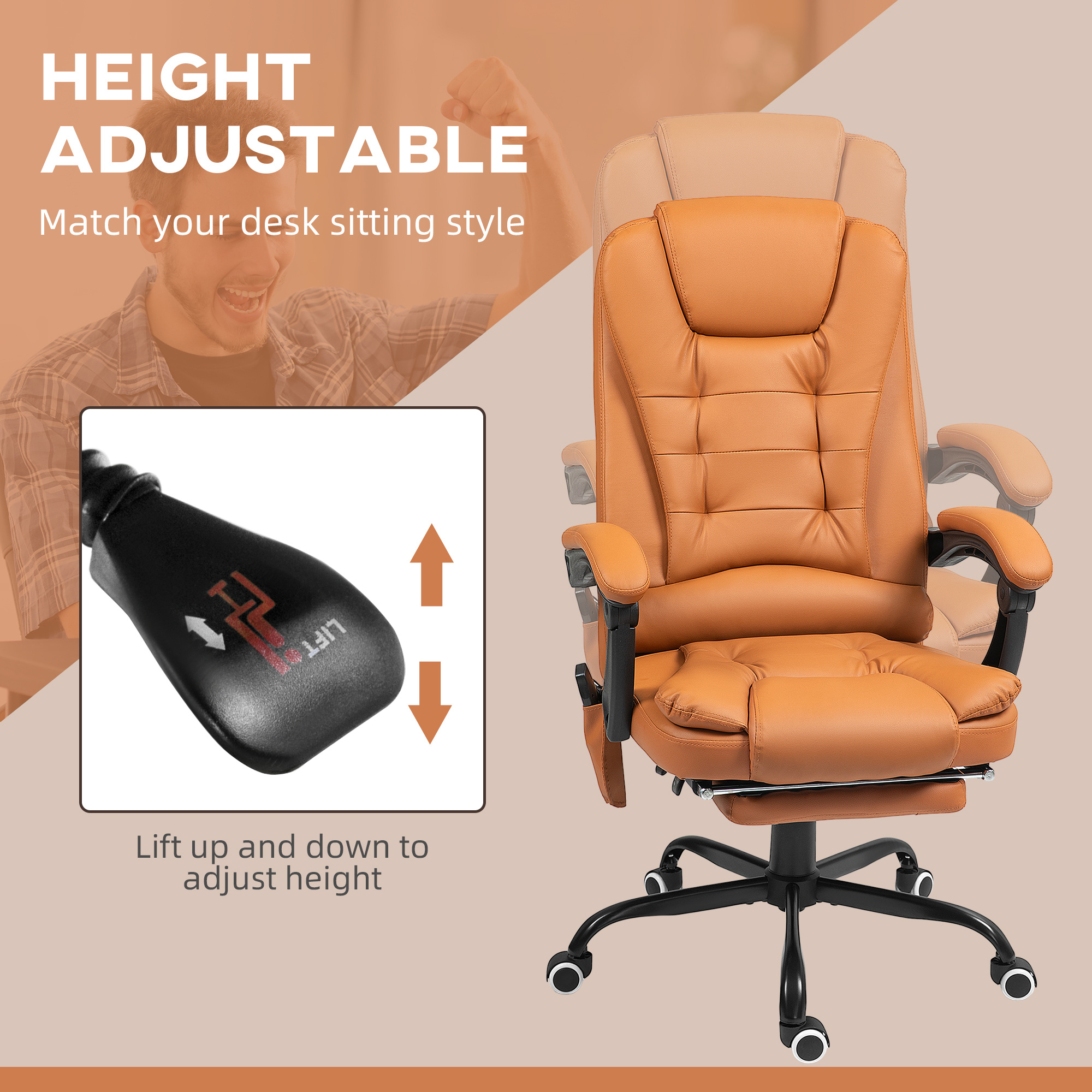 7-Point Vibrating Massage Office Chair High Back Massaging Office Desk Chair With Lumbar Support, Footrest, Light Brown - Image 5
